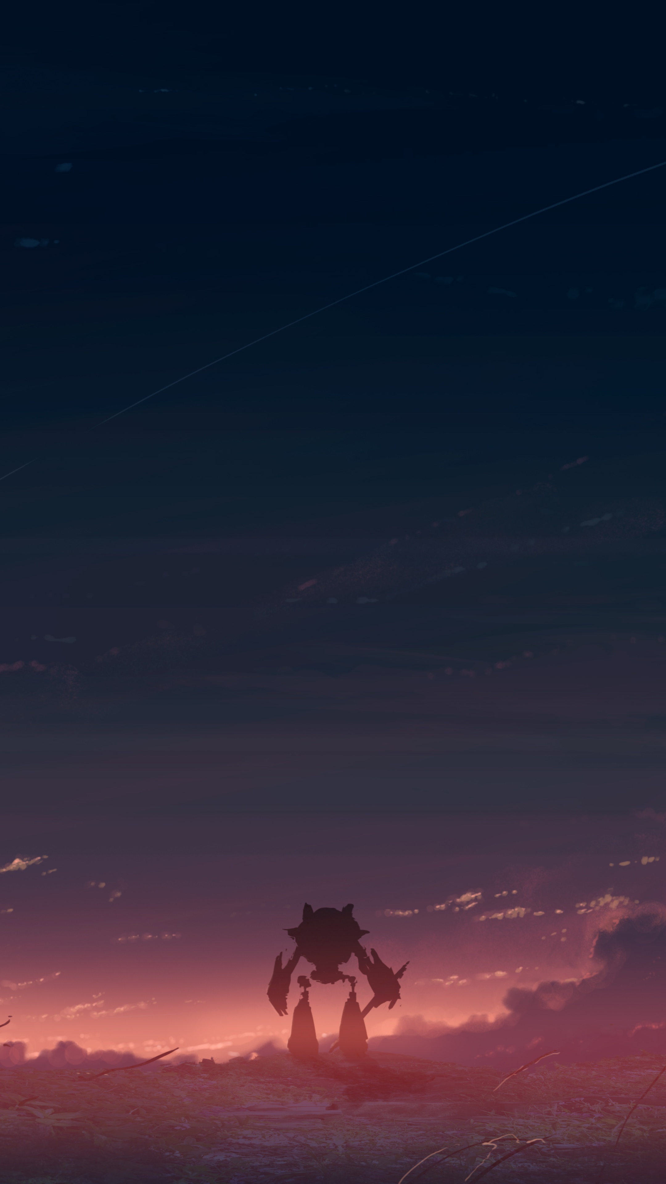 Silhouette of a mech against a sunset sky HD Phone Wallpaper