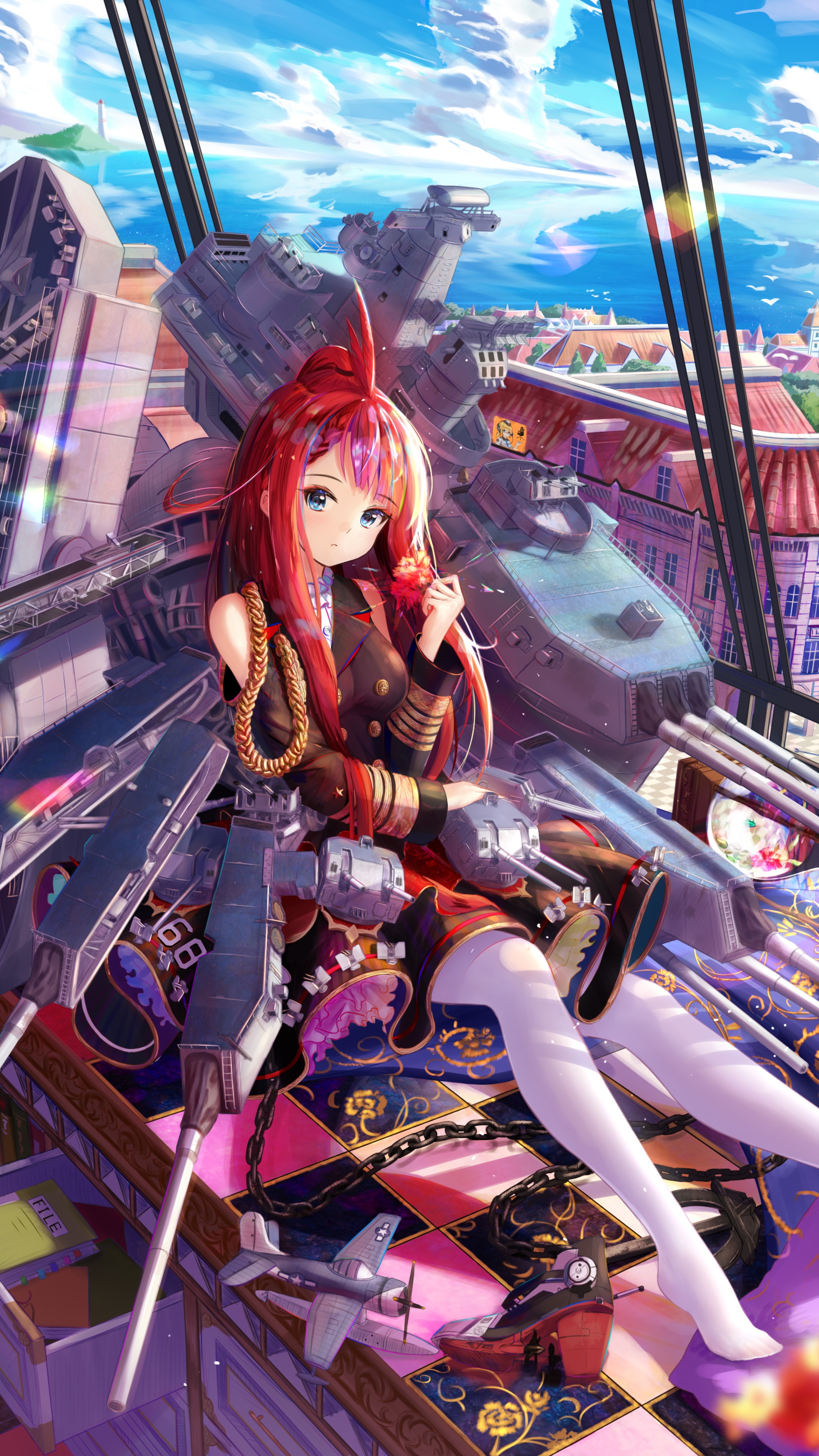 Anime girl on a battleship with city in background HD Phone Wallpaper