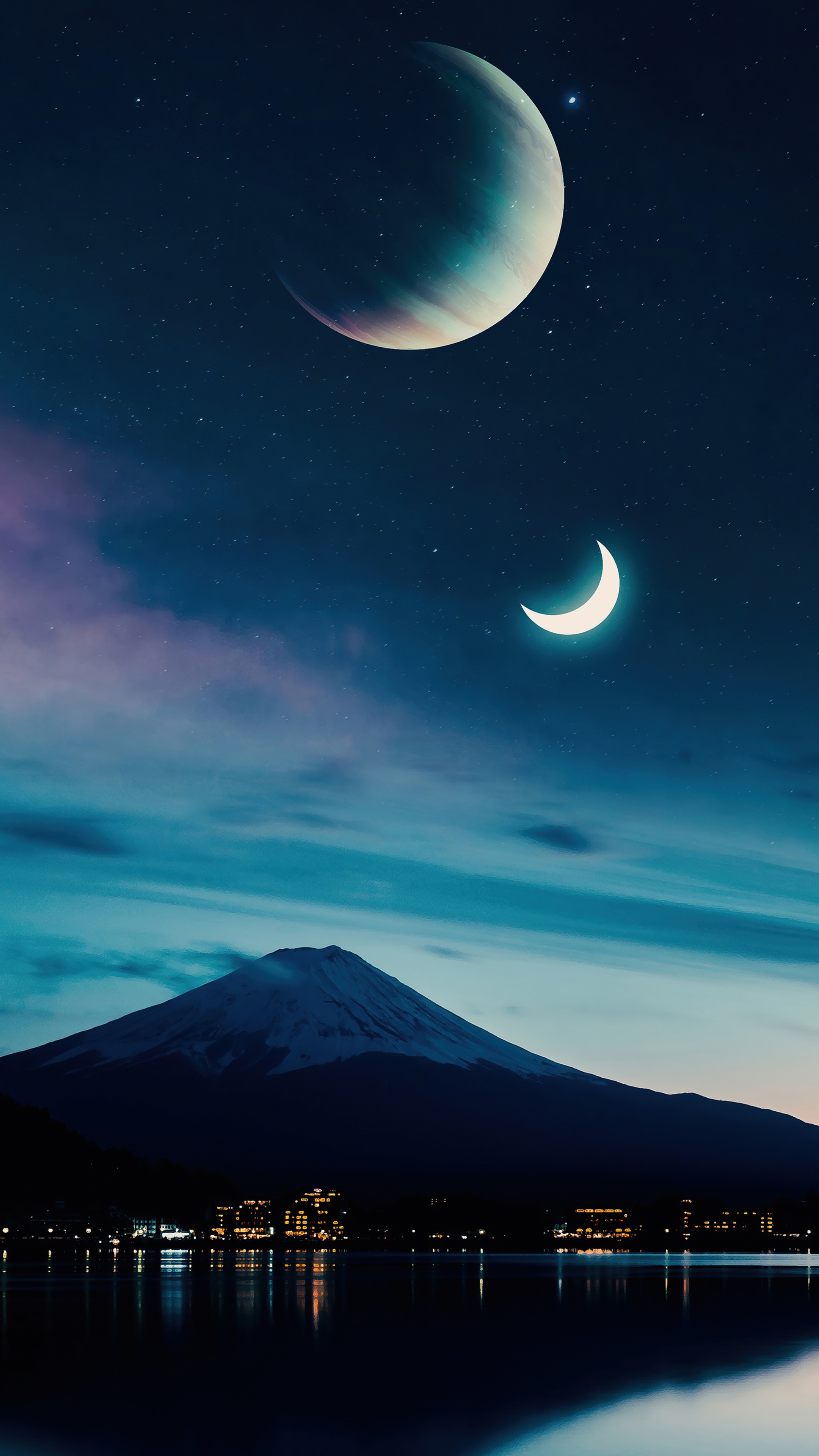 Mount Fuji at night with two moons HD Phone Wallpaper