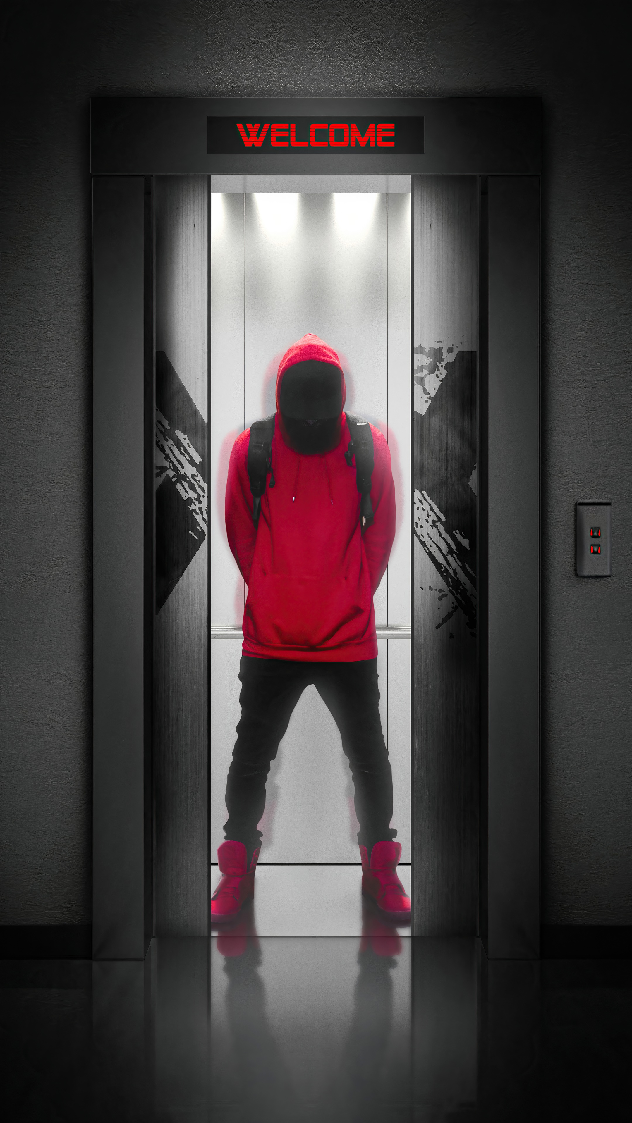 Person in red hoodie in elevator with "WELCOME" sign HD Phone Wallpaper
