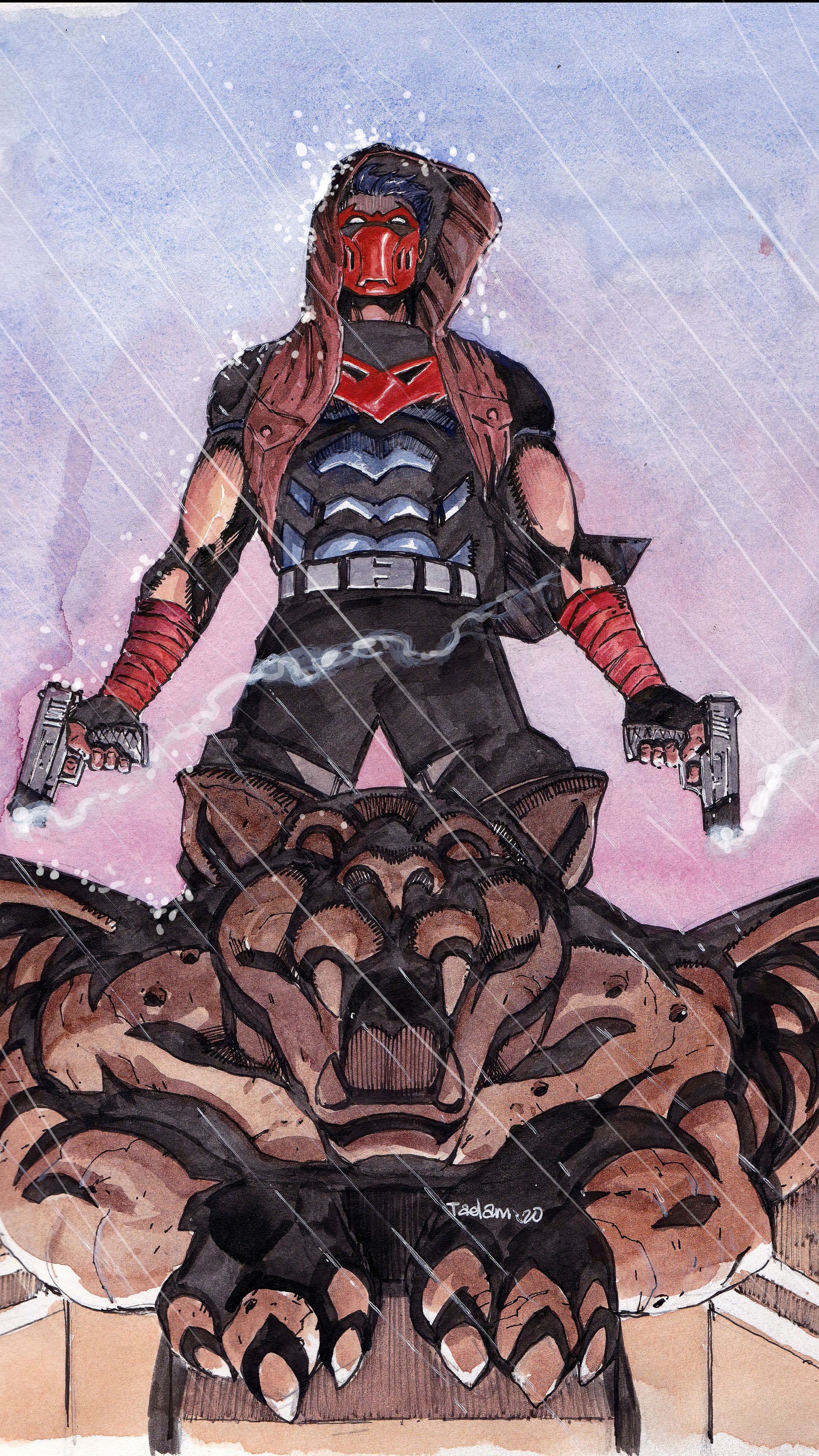 Red Hood standing on a gargoyle with guns HD Phone Wallpaper