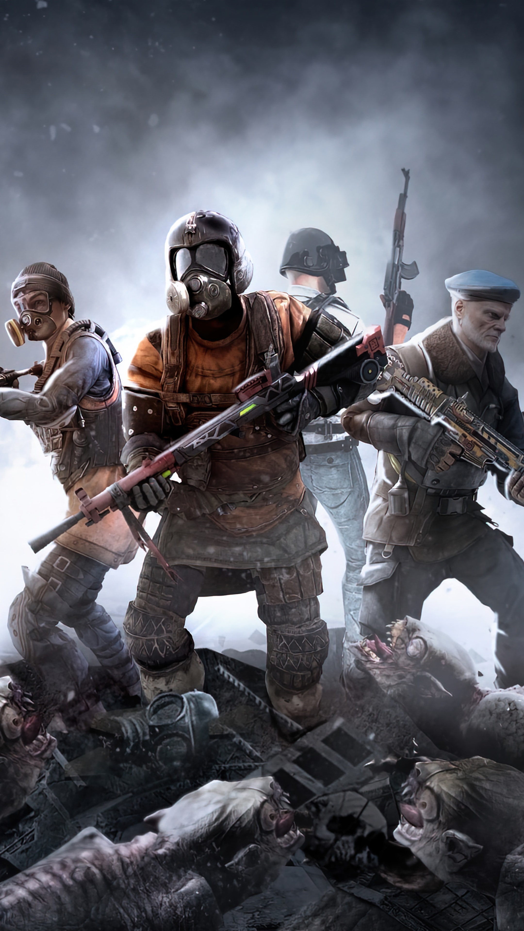 Four survivors with gas masks and weapons in a post-apocalyptic setting HD Phone Wallpaper