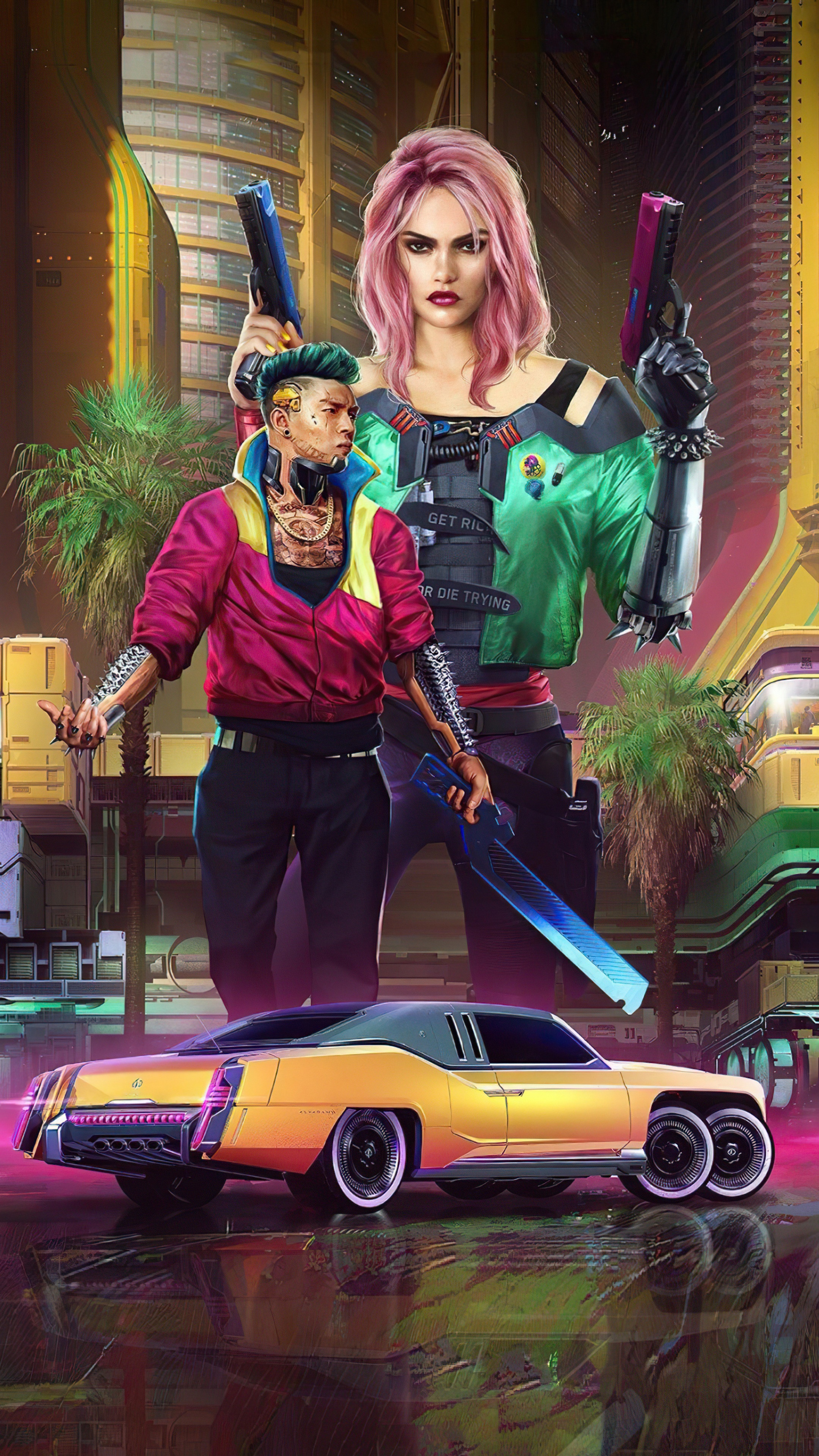 Cyberpunk 2077 characters with a car HD Phone Wallpaper