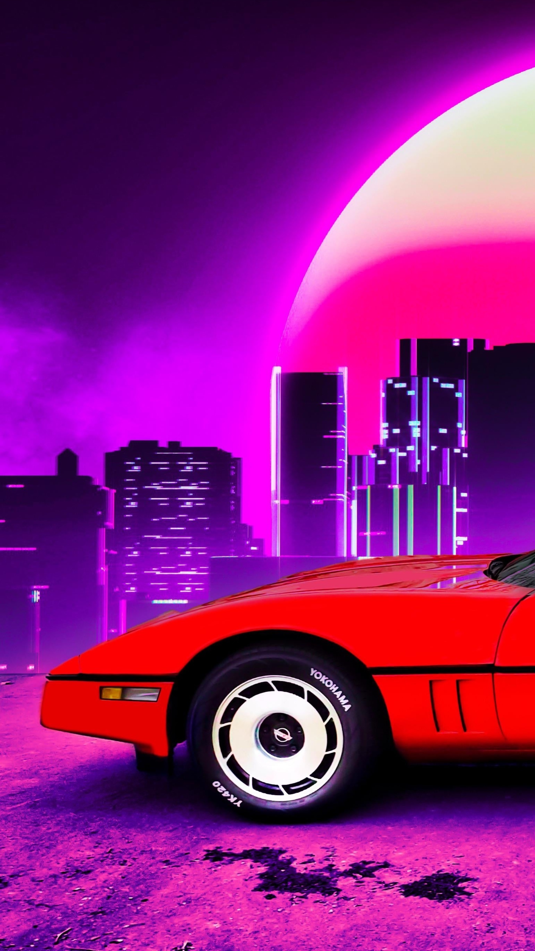 Red Corvette in a Neon Cityscape HD Phone Wallpaper
