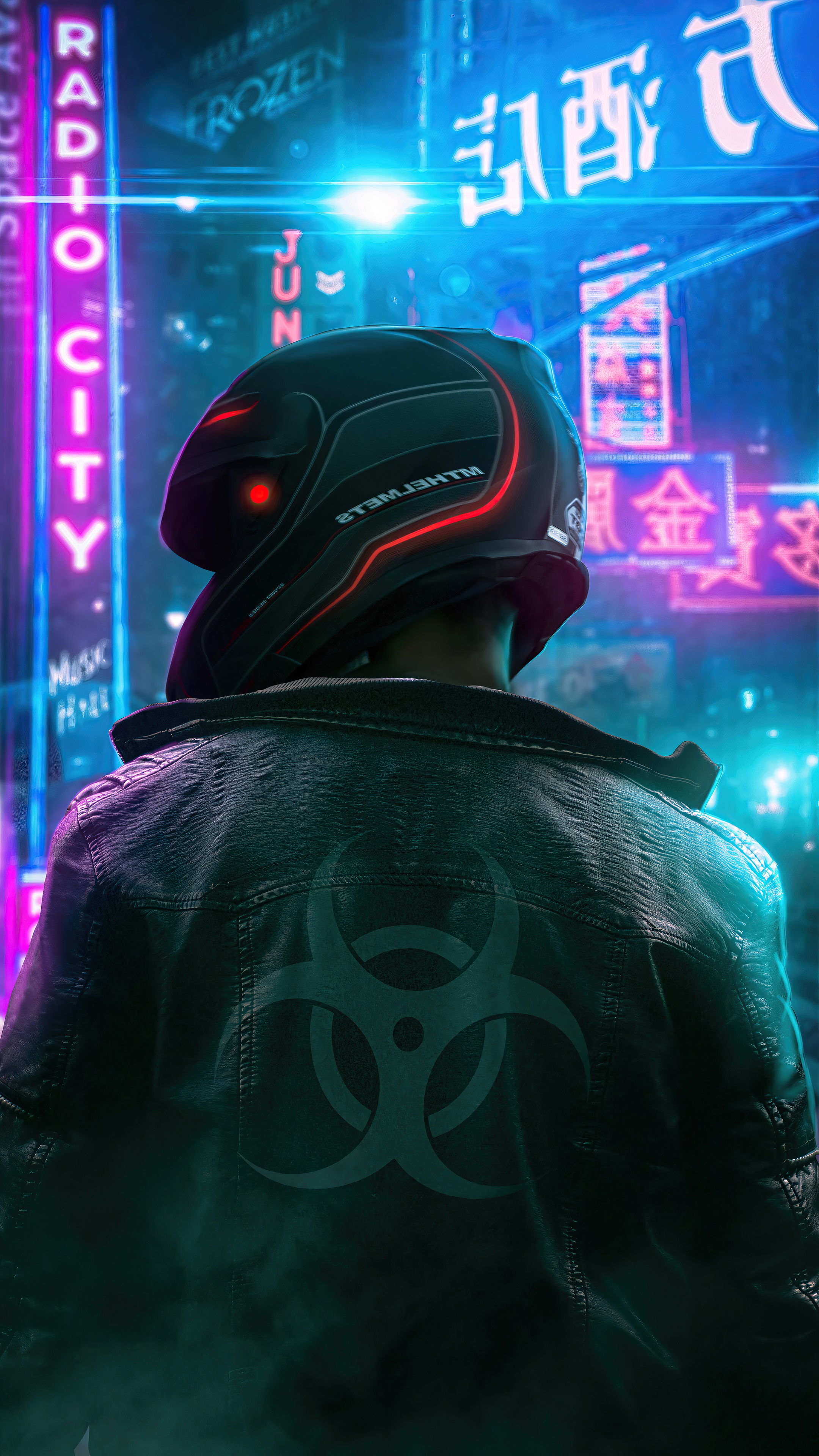 Cyberpunk biker with biohazard symbol 4K HD Phone Wallpaper