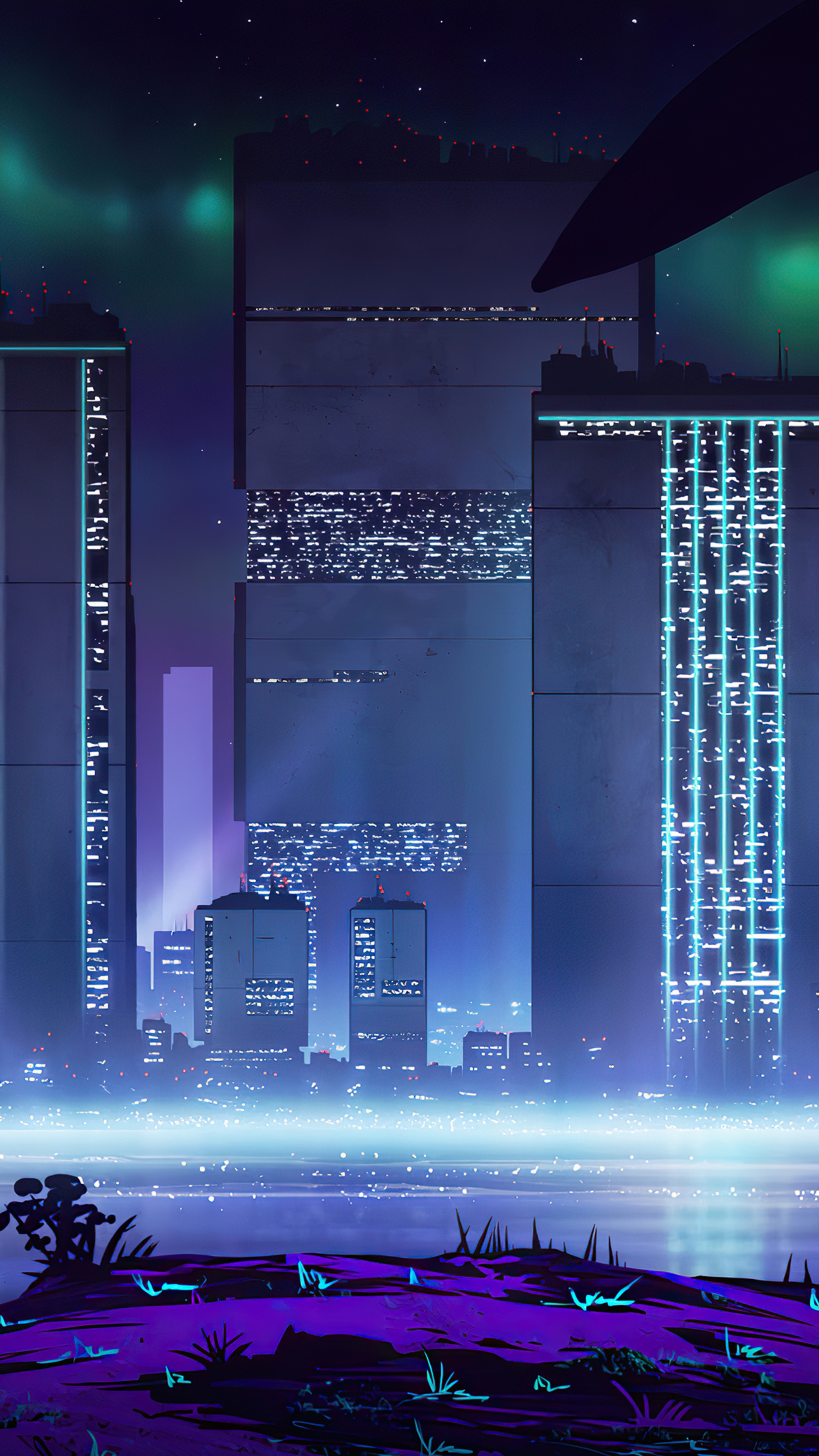 Cyberpunk cityscape with neon lights and futuristic buildings HD Phone Wallpaper