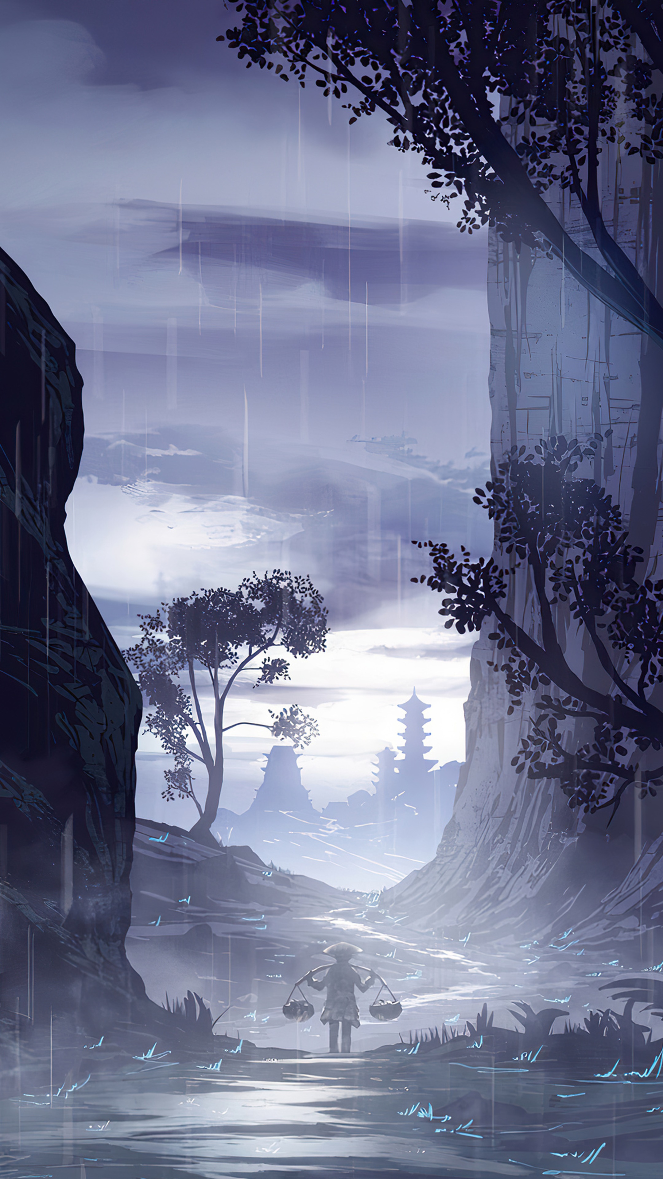 Person carrying baskets in a rainy landscape with pagodas HD Phone Wallpaper