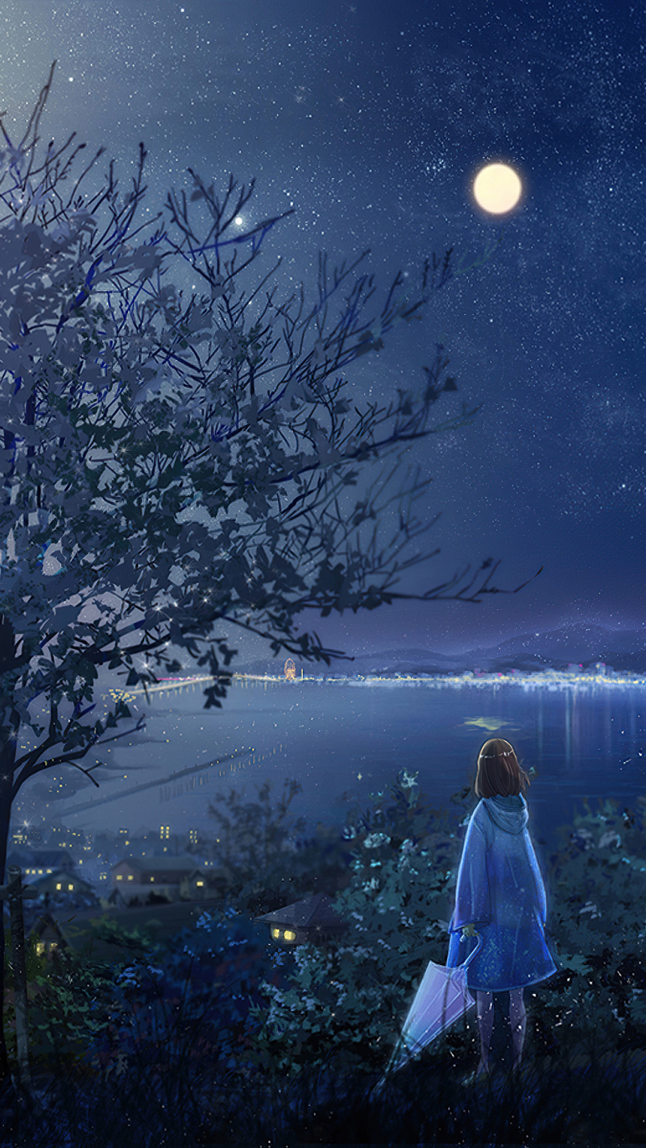 Anime girl with umbrella under starry night sky HD Phone Wallpaper
