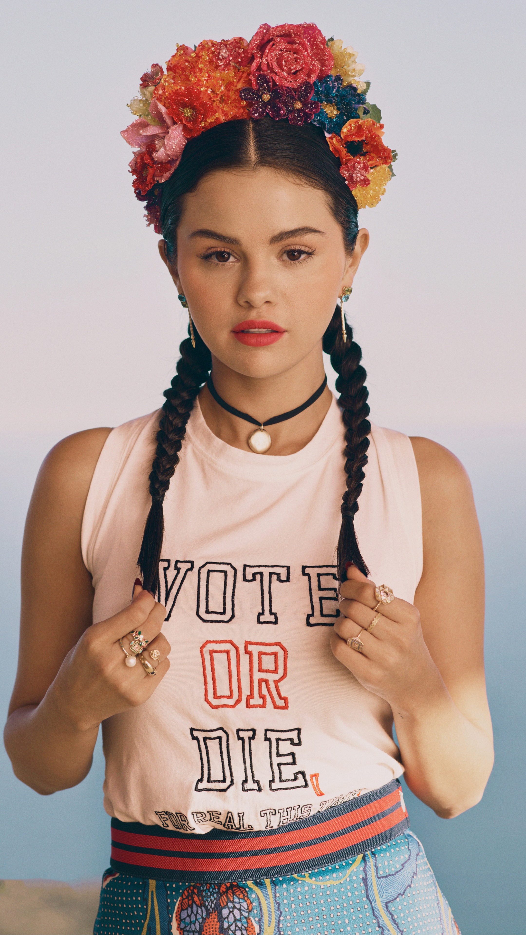 Selena Gomez wearing a flower crown and Vote or Die shirt HD Phone Wallpaper