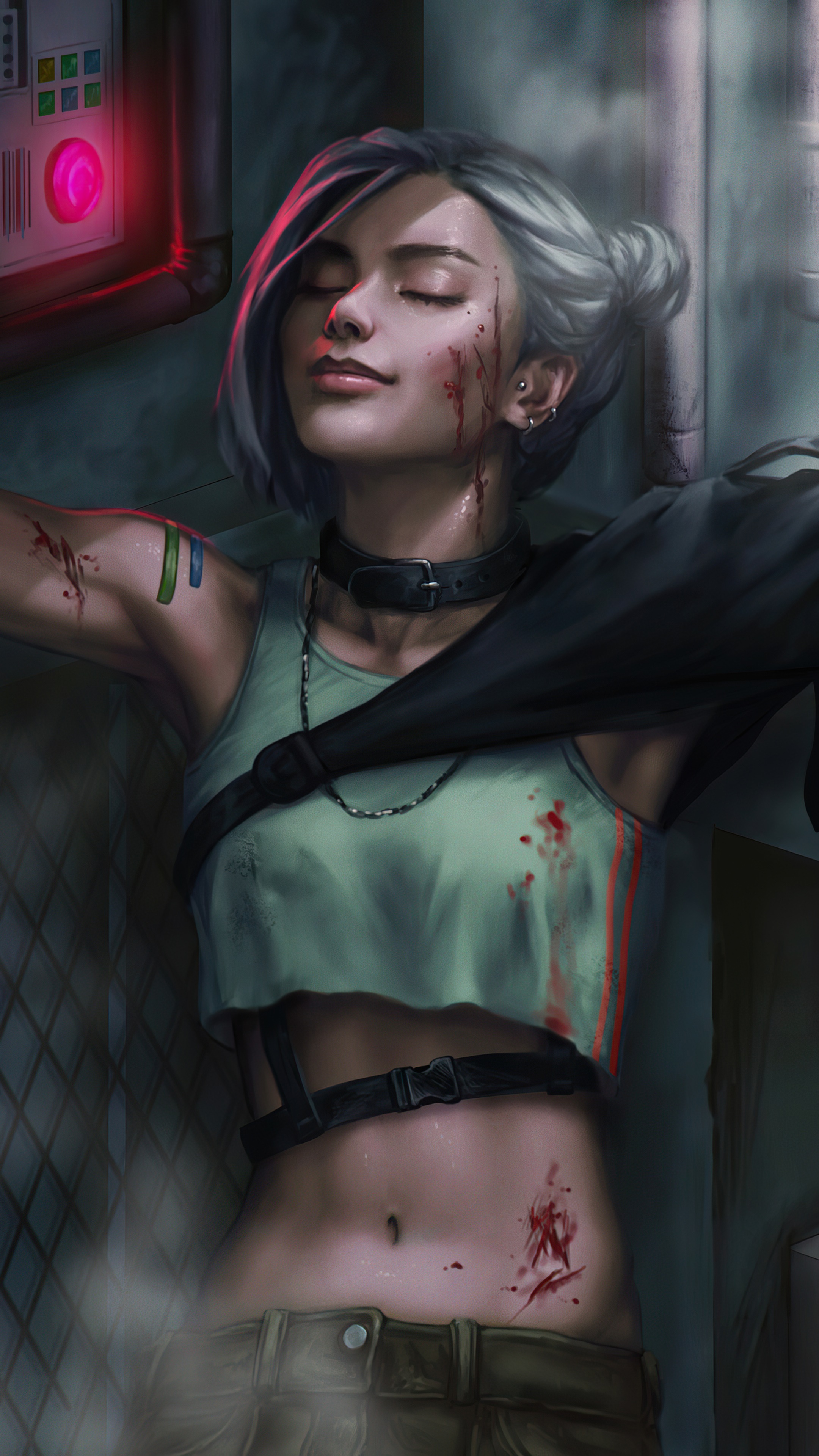 Woman with silver hair and bloodstains HD Phone Wallpaper