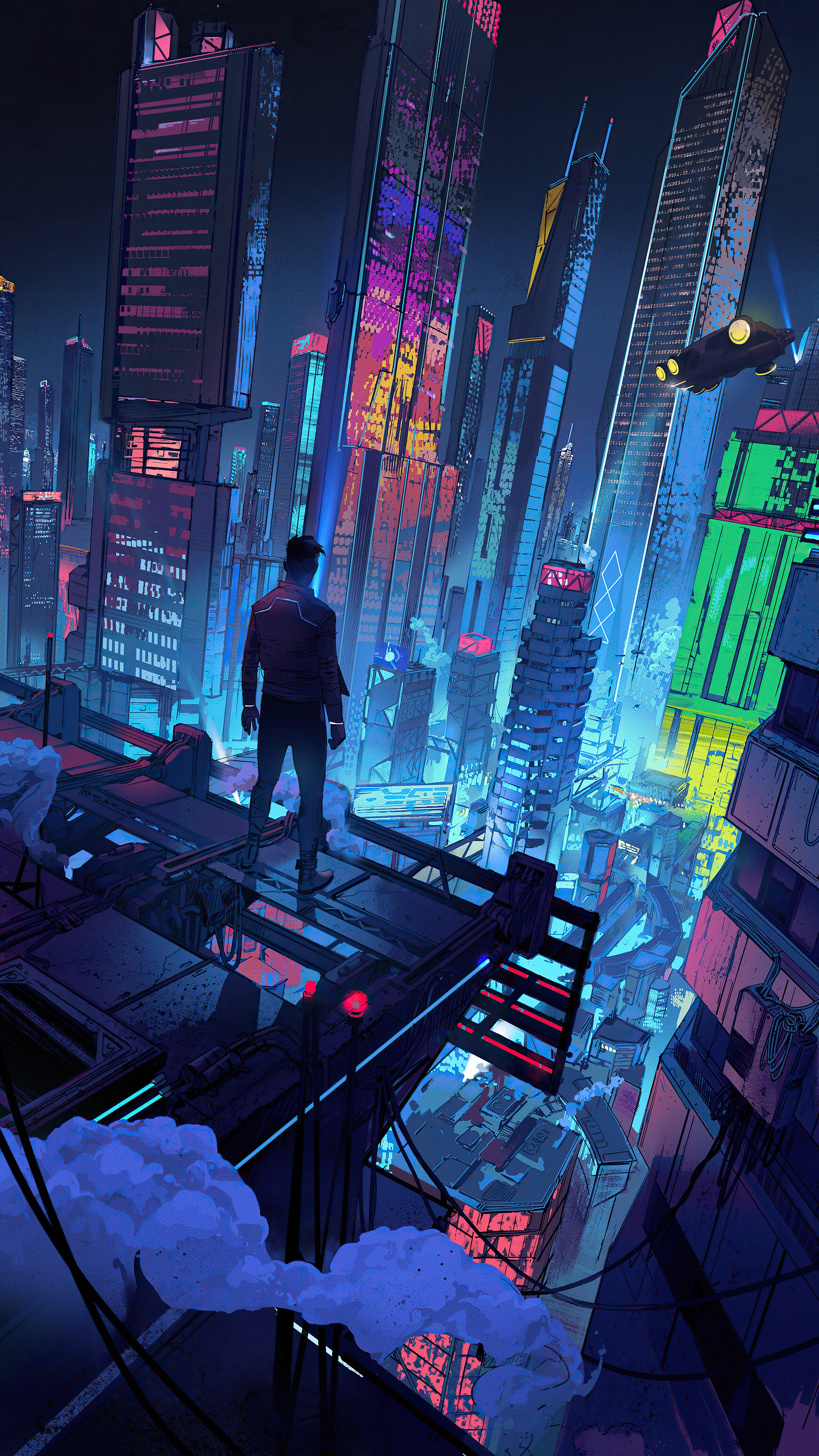 Man standing on a platform overlooking a neon cyberpunk city HD Phone Wallpaper