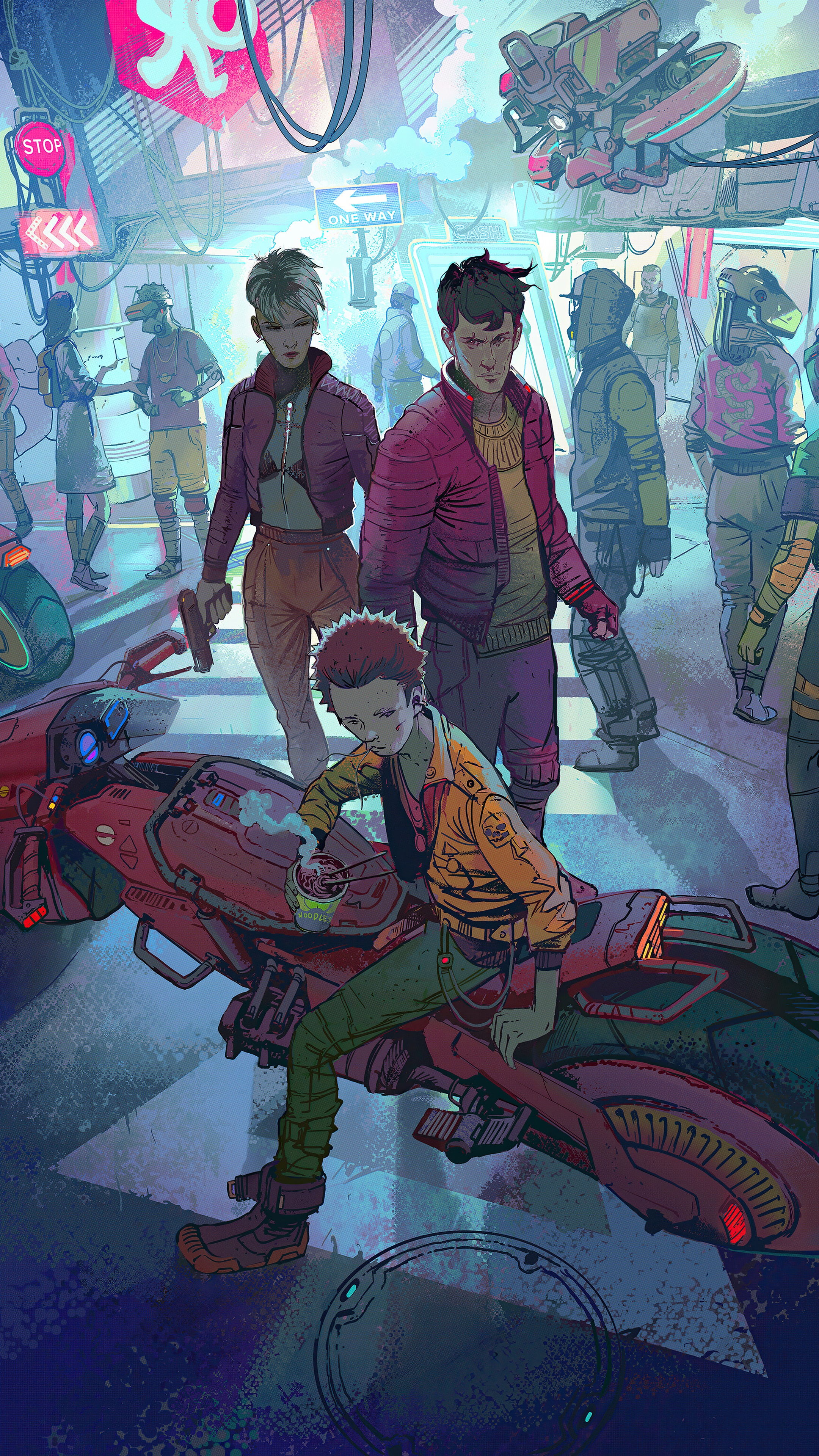 Cyberpunk street scene with people and a motorcycle HD Phone Wallpaper
