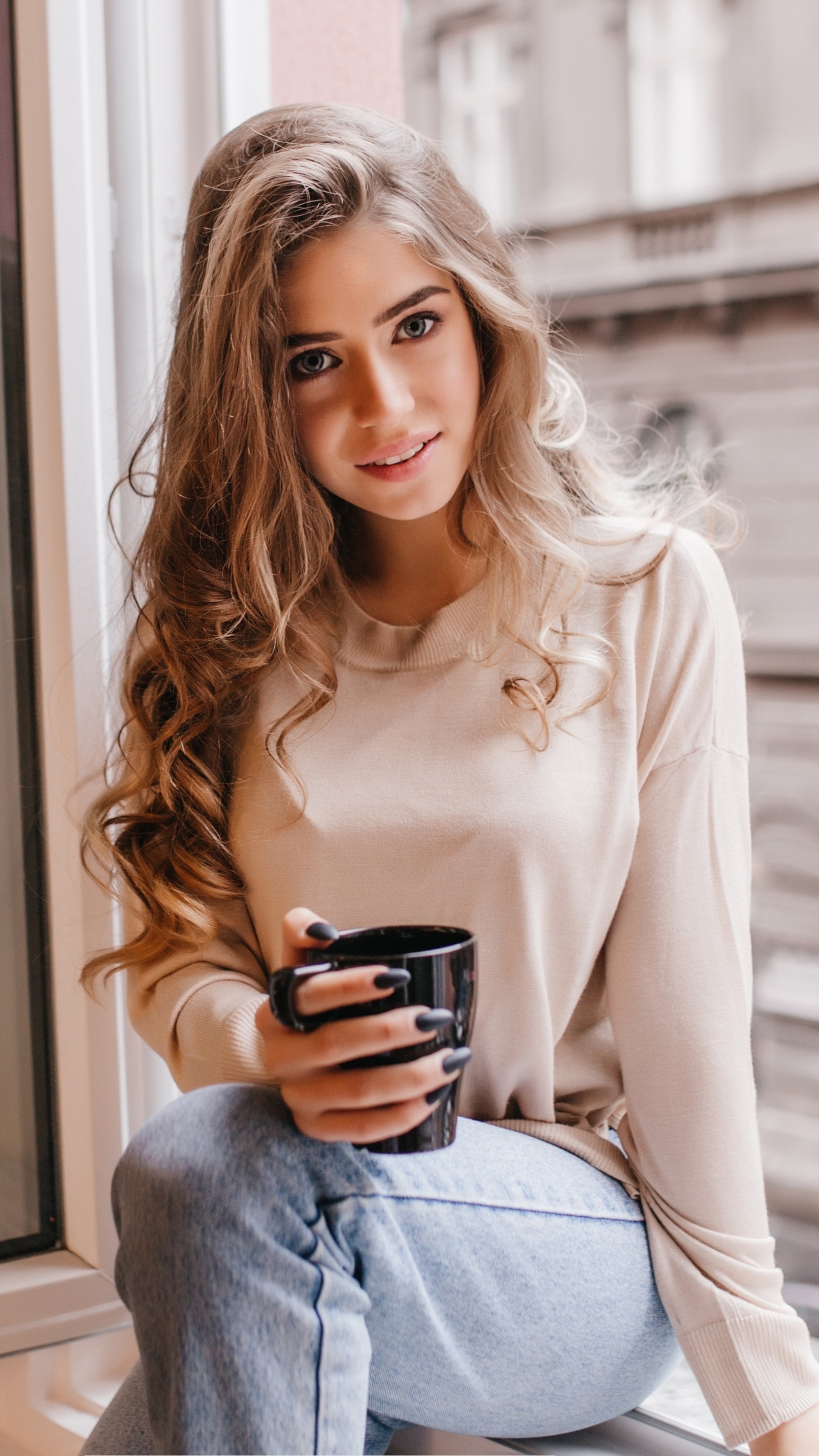 Blonde Girl Holding Coffee Mug by Window HD Phone Wallpaper