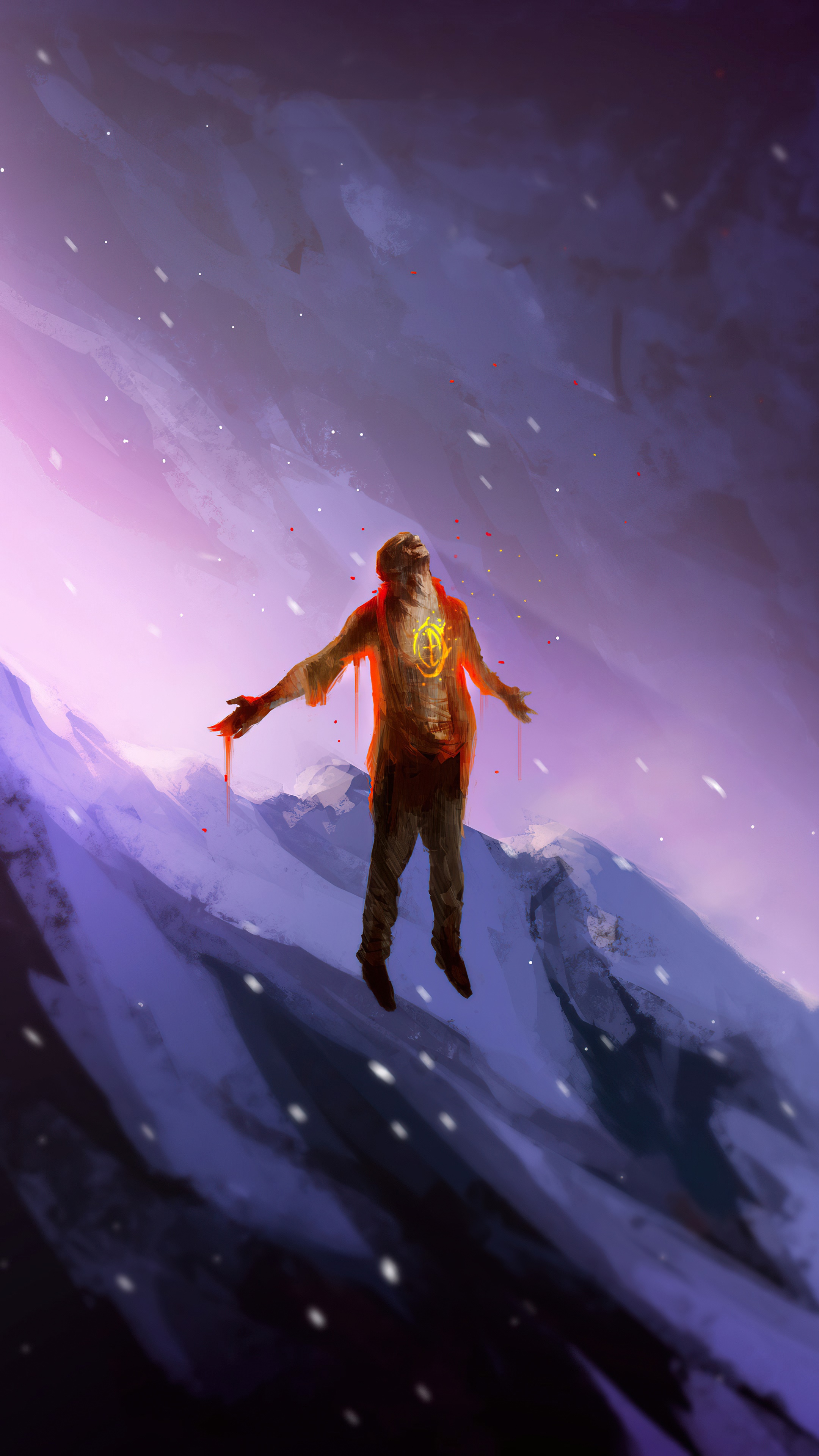 Man levitating with glowing symbol on chest HD Phone Wallpaper