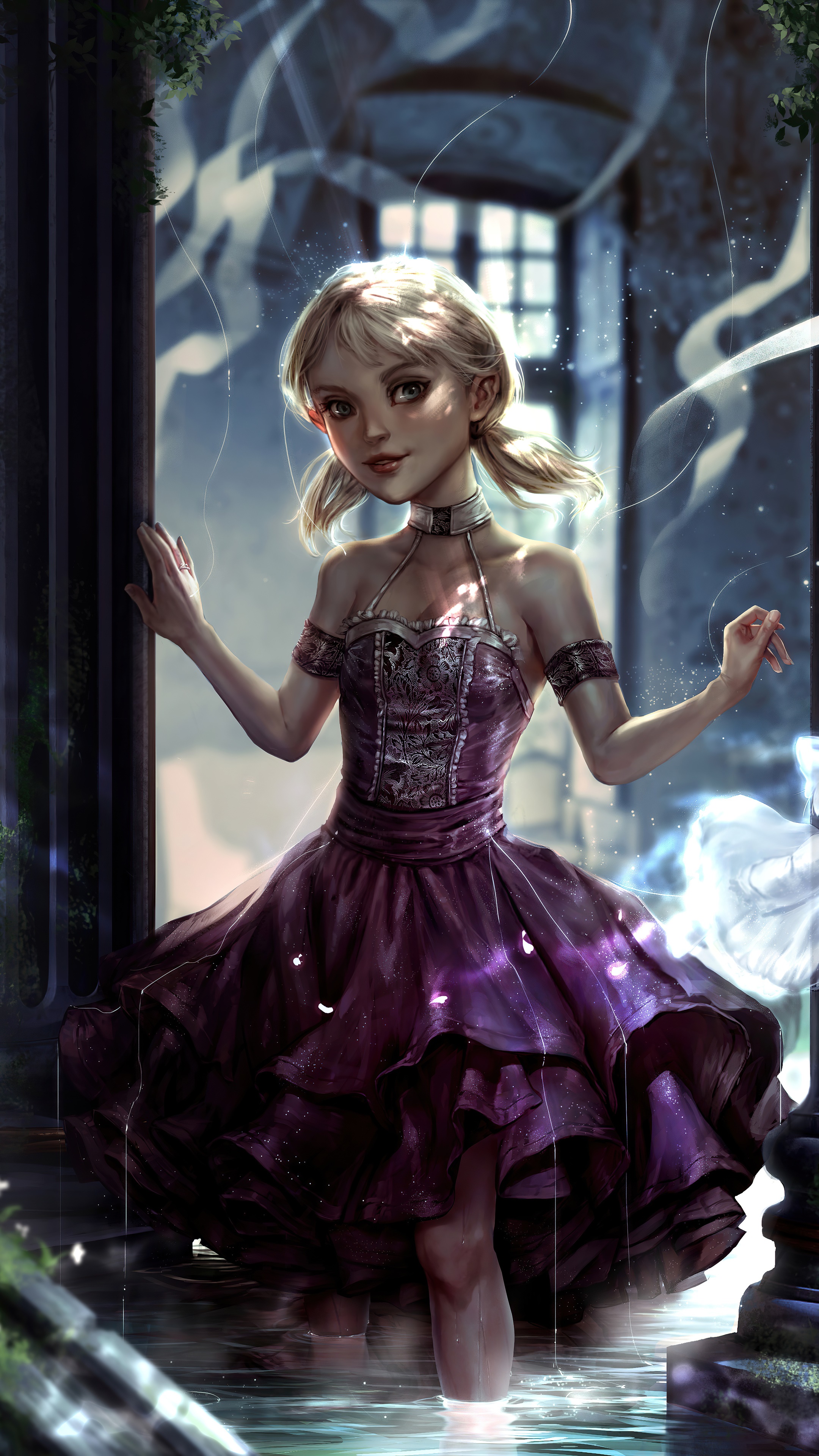 Artwork of a young girl in a purple dress HD Phone Wallpaper