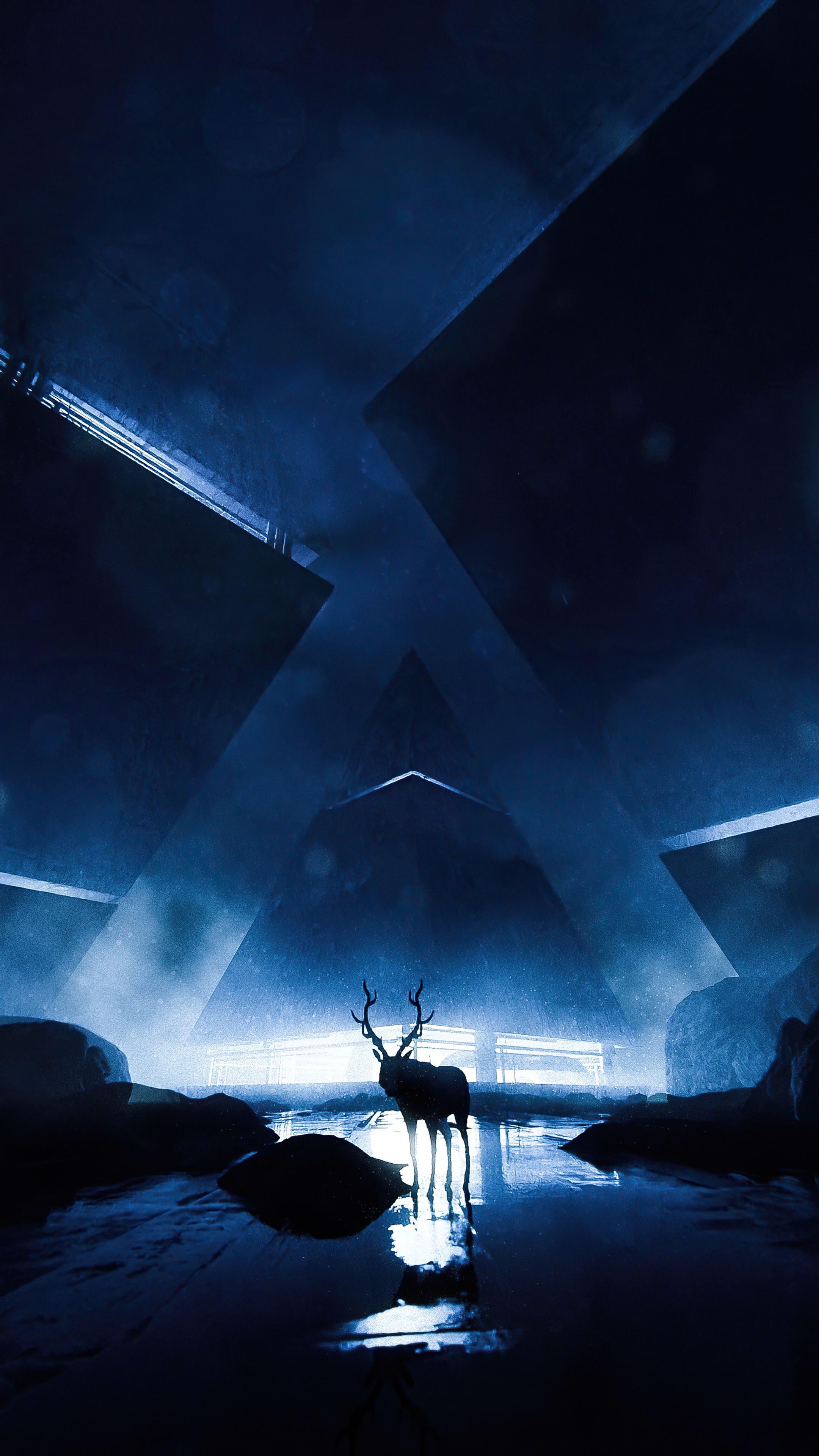 Reindeer in a Sci-Fi Pyramid Structure HD Phone Wallpaper