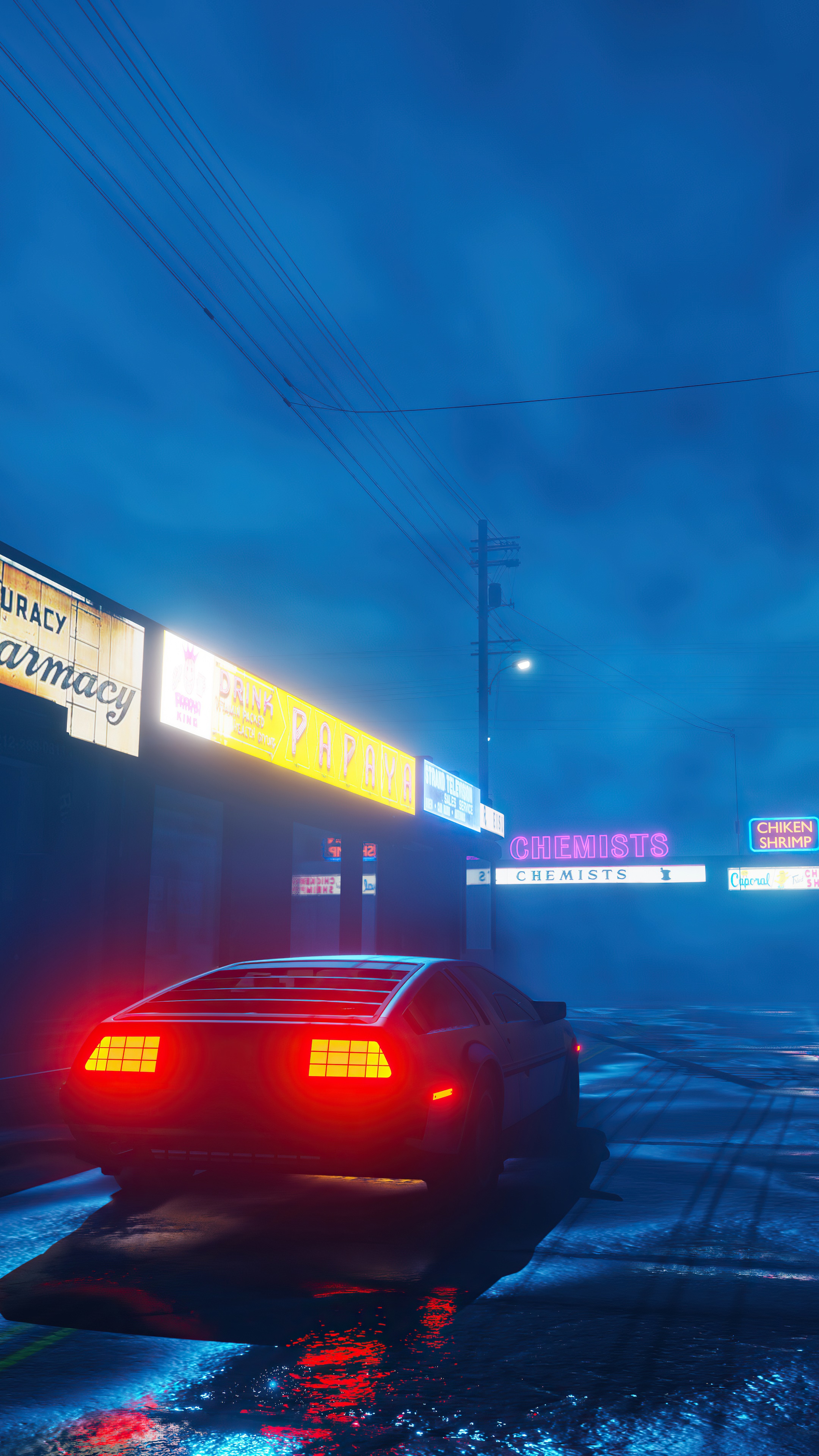 Delorean driving on a wet street at night HD Phone Wallpaper