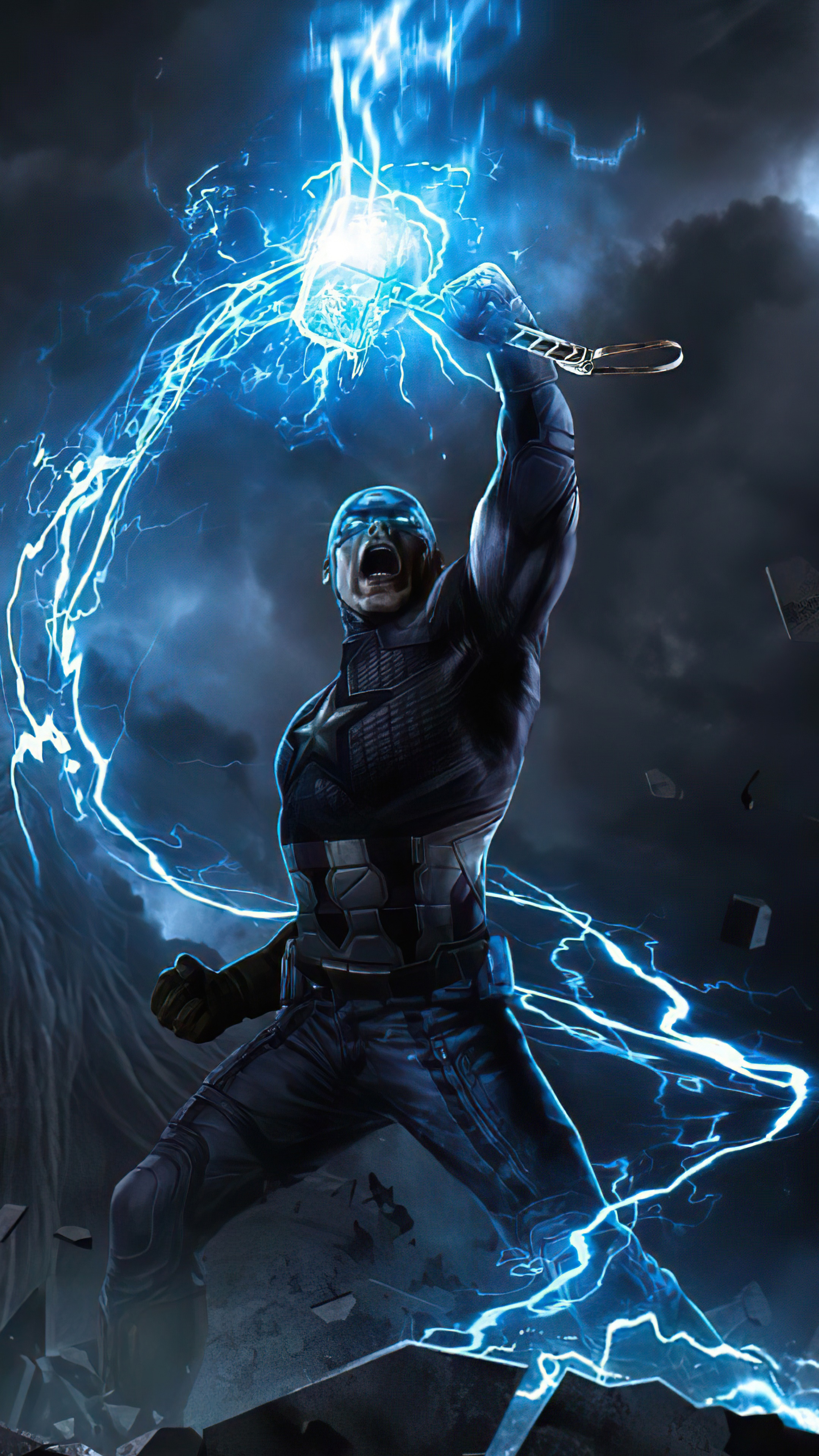 Captain America from Marvel wielding Mjolnir with lightning HD Phone Wallpaper