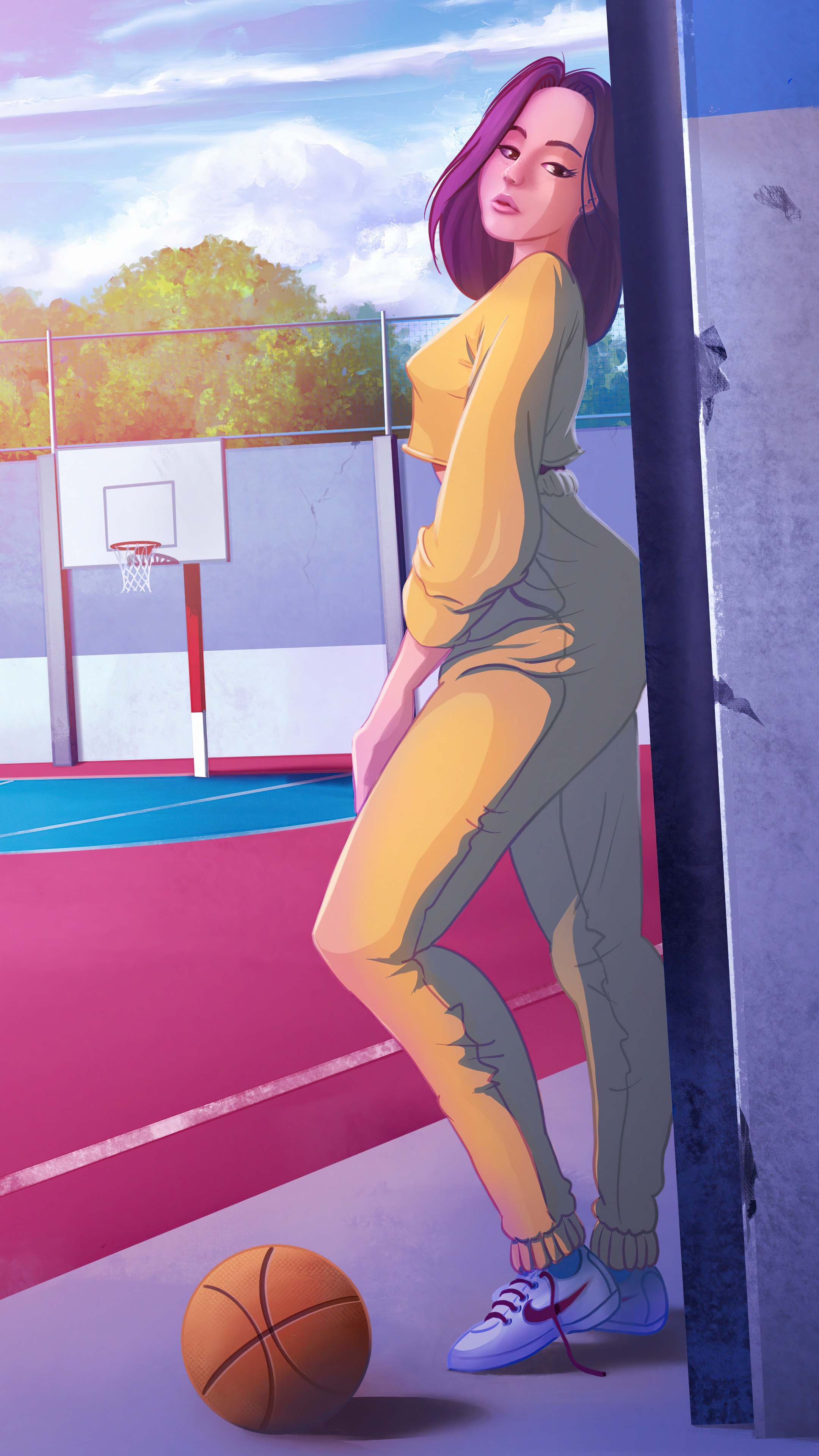 Artwork of a woman on a basketball court HD Phone Wallpaper