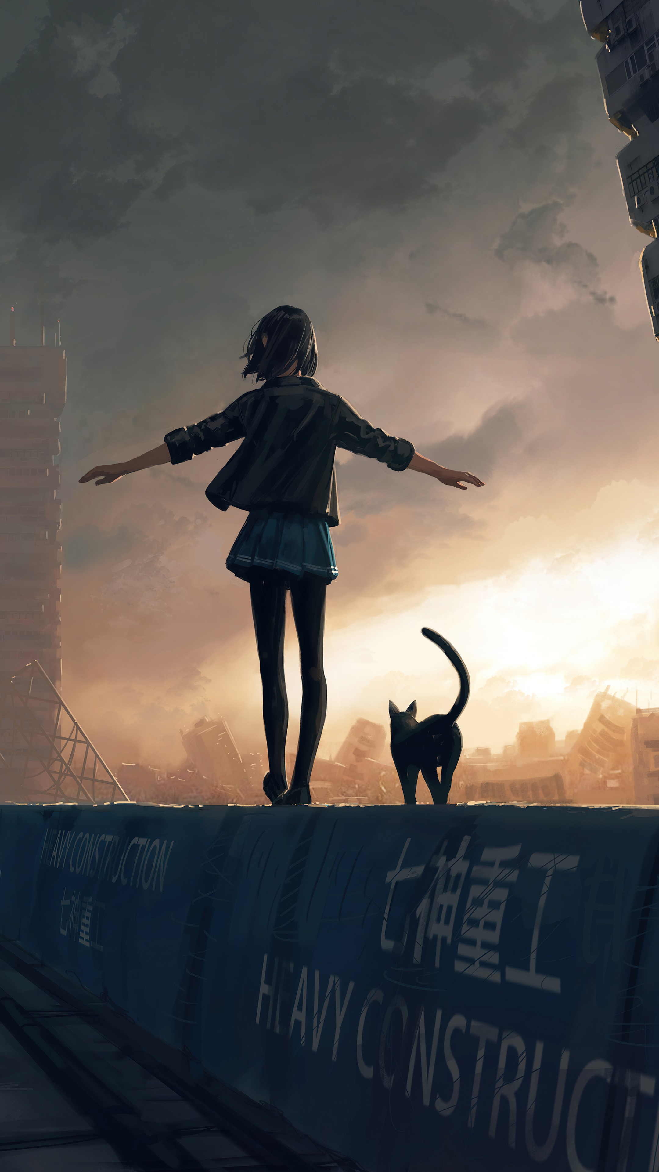 Girl and cat on a destroyed city rooftop HD Phone Wallpaper