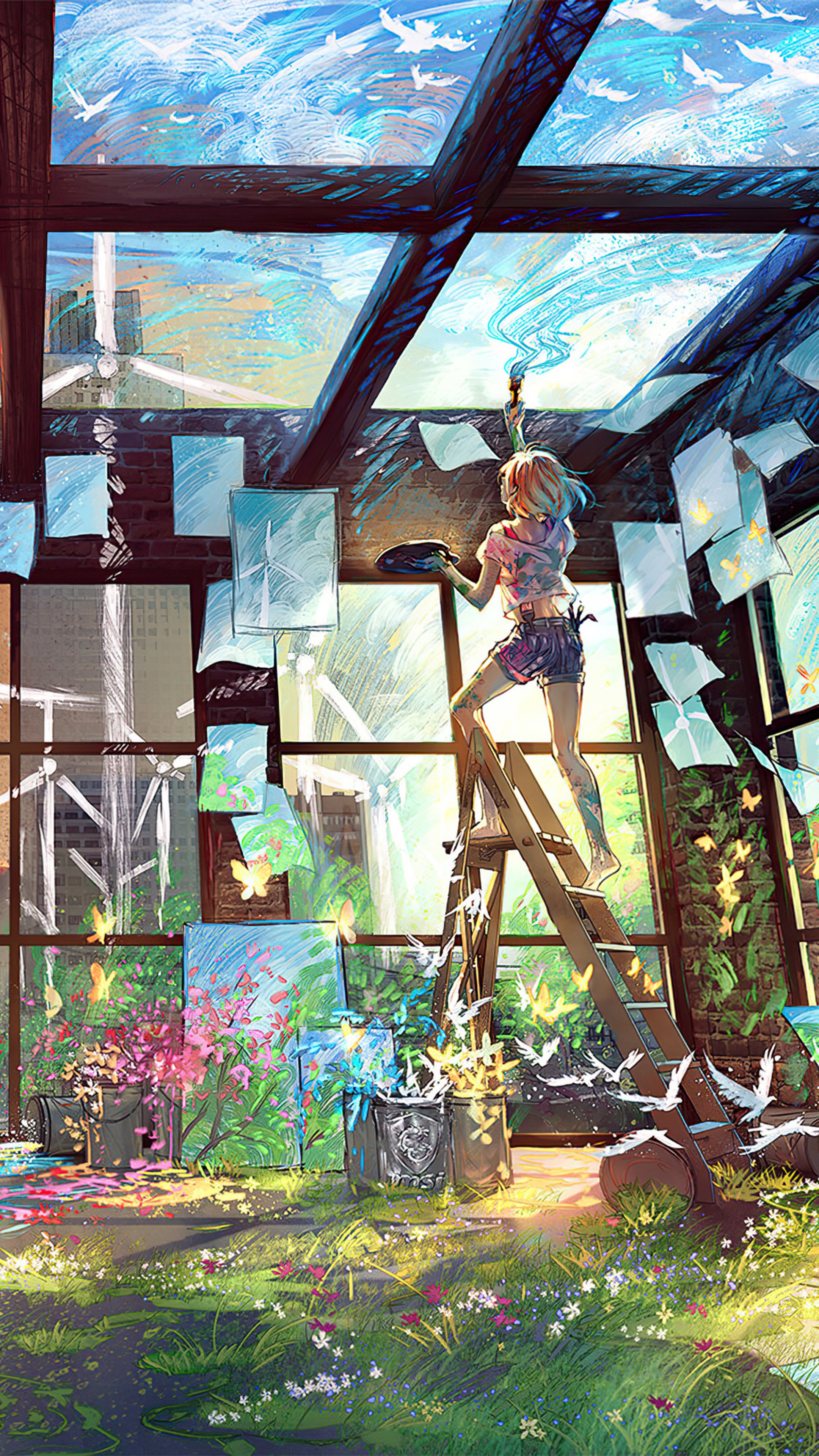Artist painting birds on a glass ceiling in a studio HD Phone Wallpaper