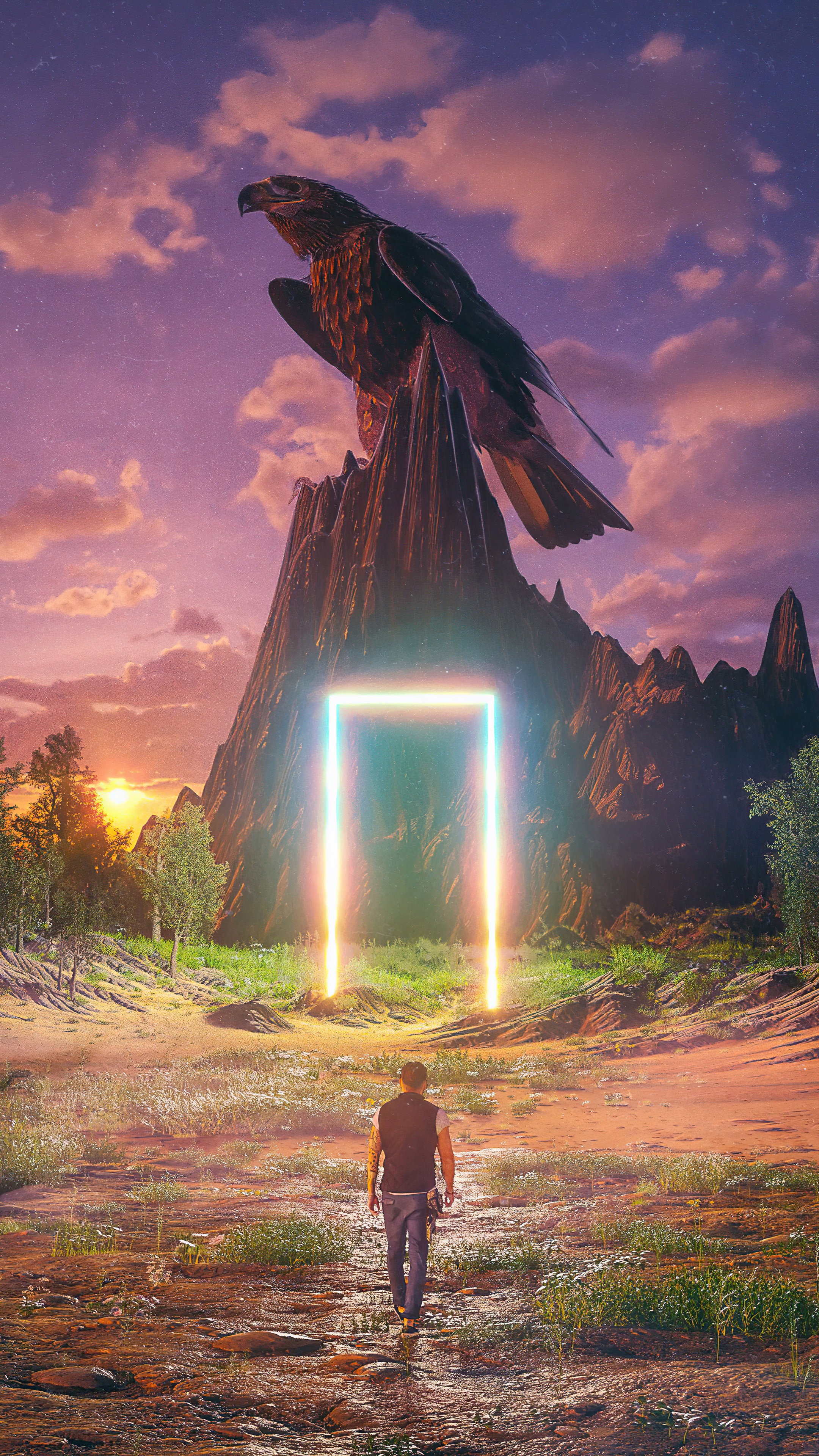 Eagle perched on mountain with glowing portal and man HD Phone Wallpaper