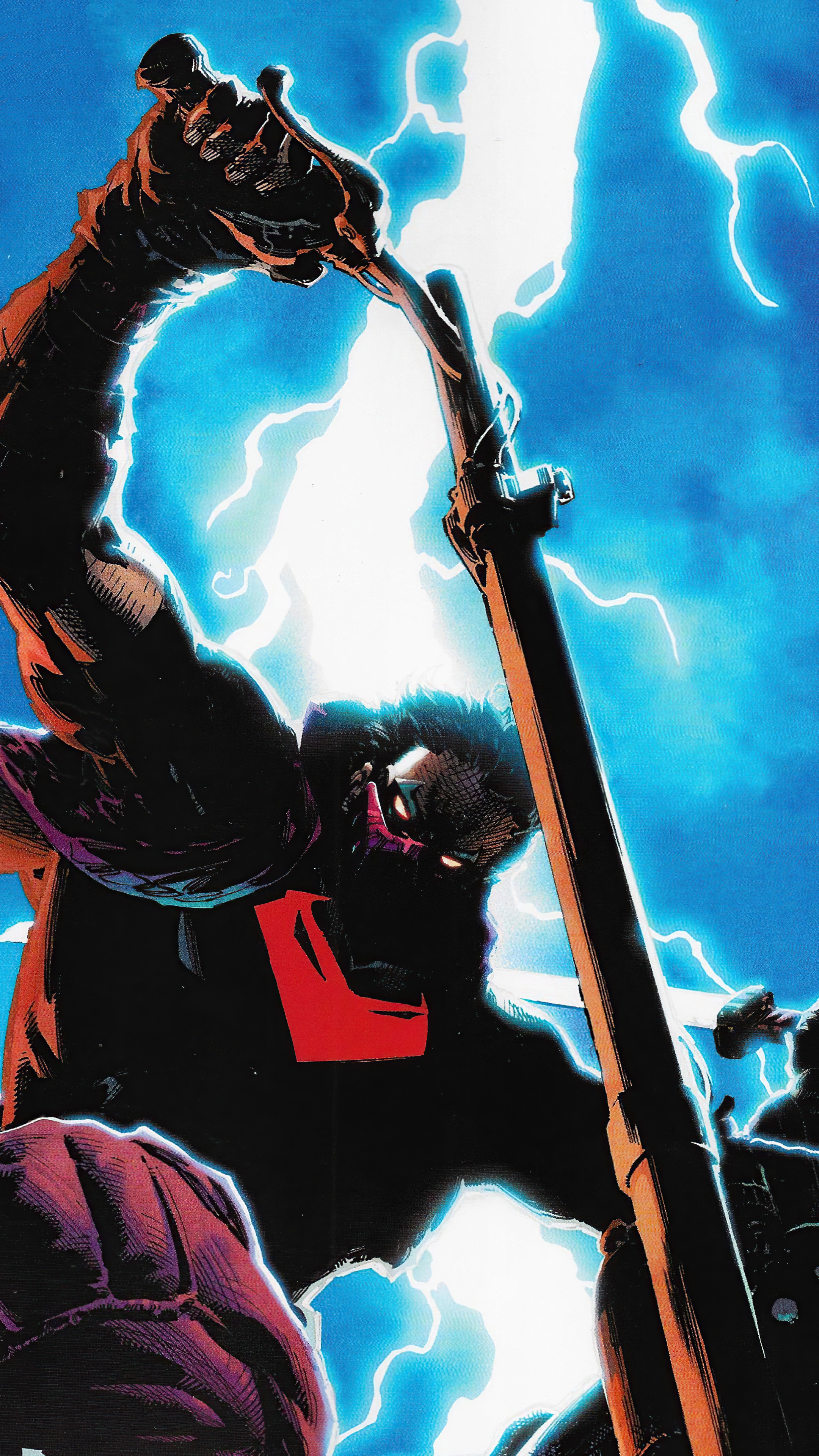 Red Hood holding a weapon with lightning in the background HD Phone Wallpaper