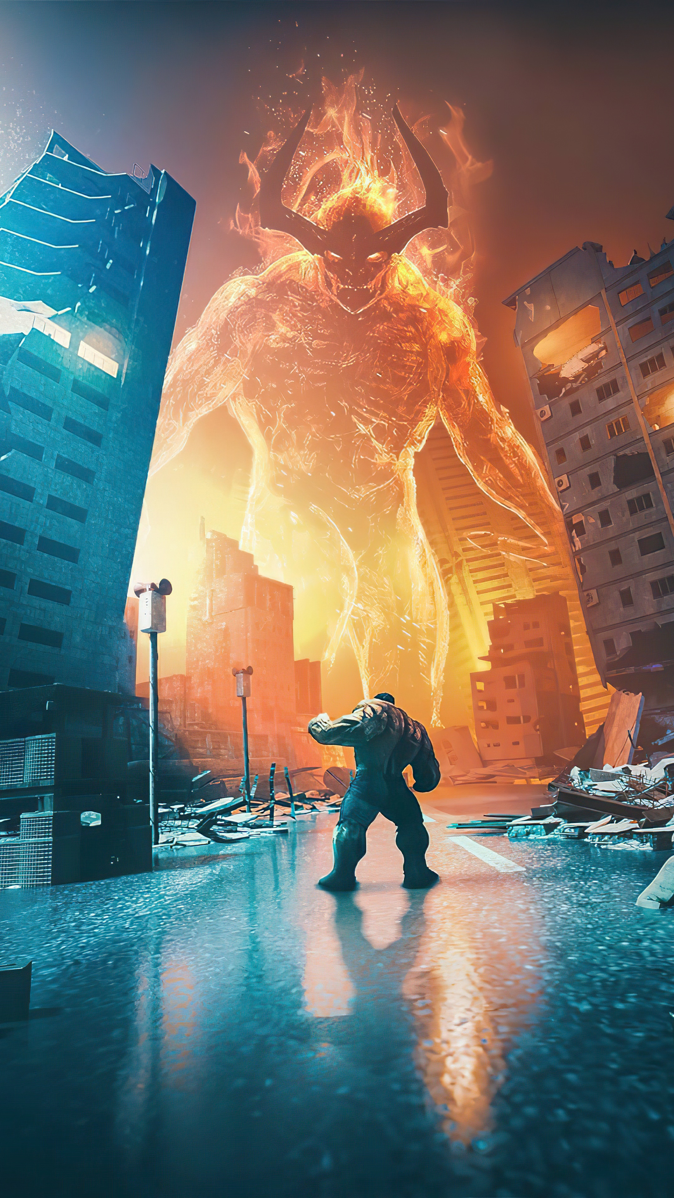 Hulk fighting a fiery demon in a destroyed city HD Phone Wallpaper
