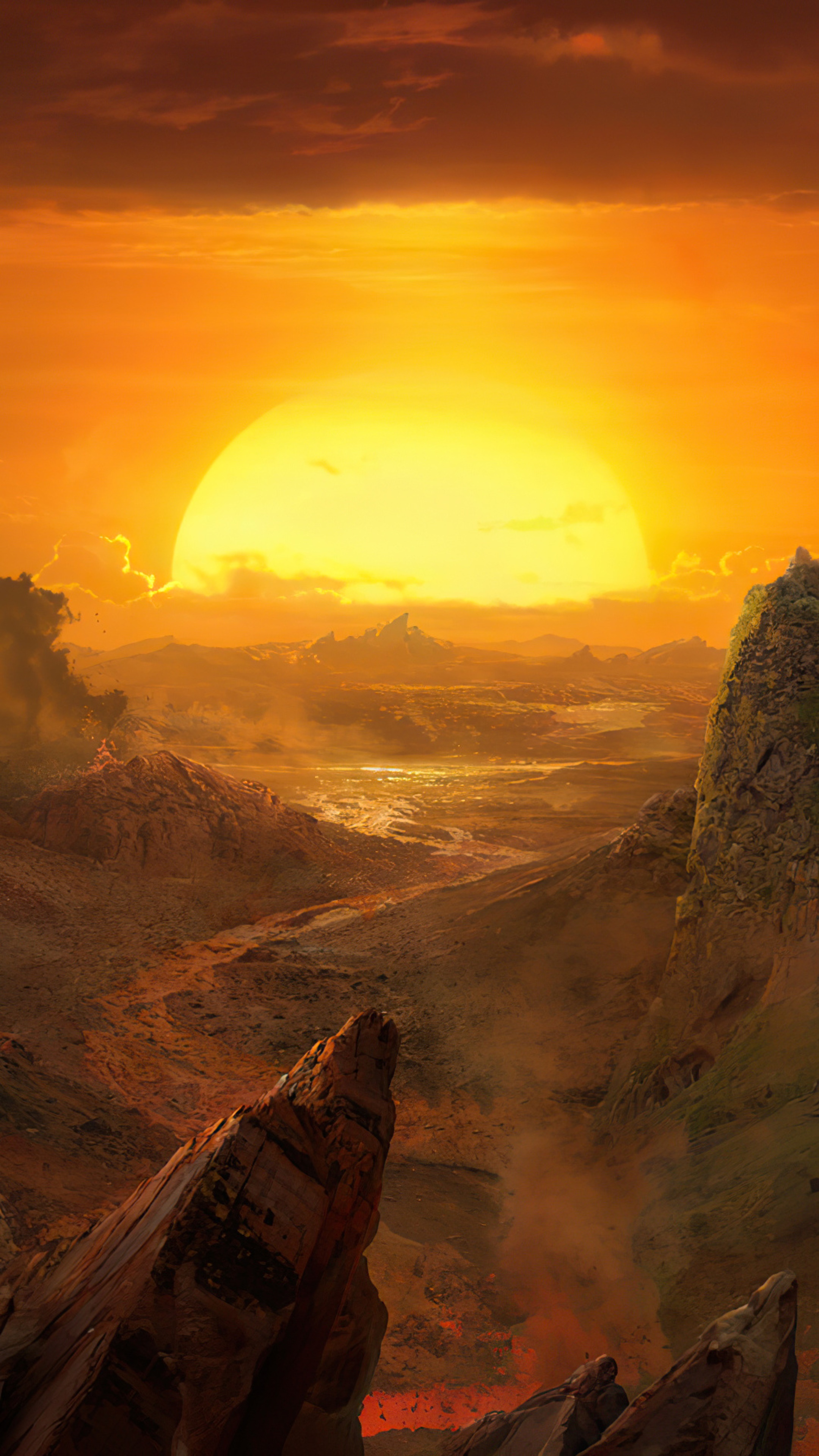 Alien landscape with a large sun at sunrise HD Phone Wallpaper