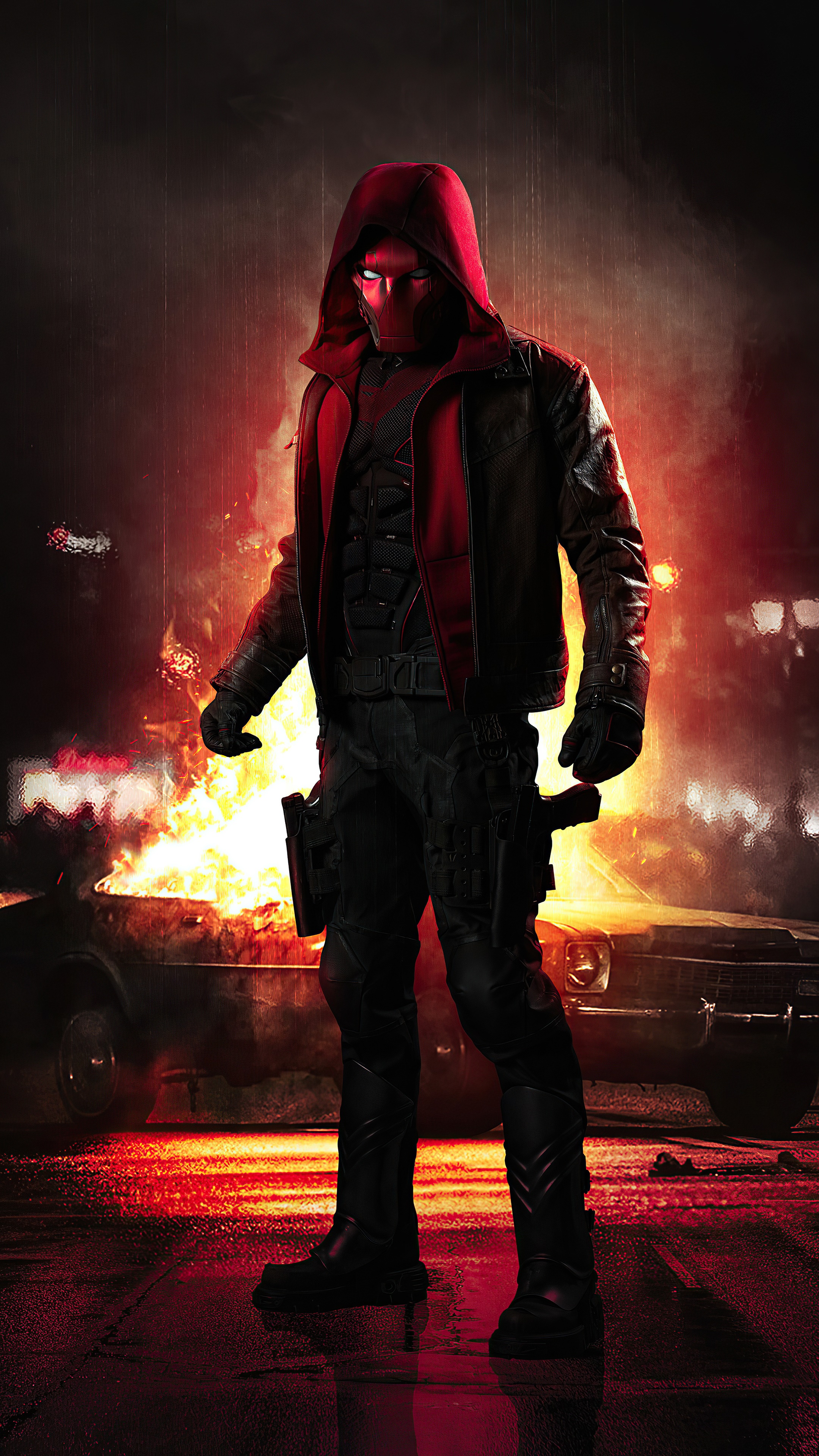 Red Hood standing in front of burning cars HD Phone Wallpaper