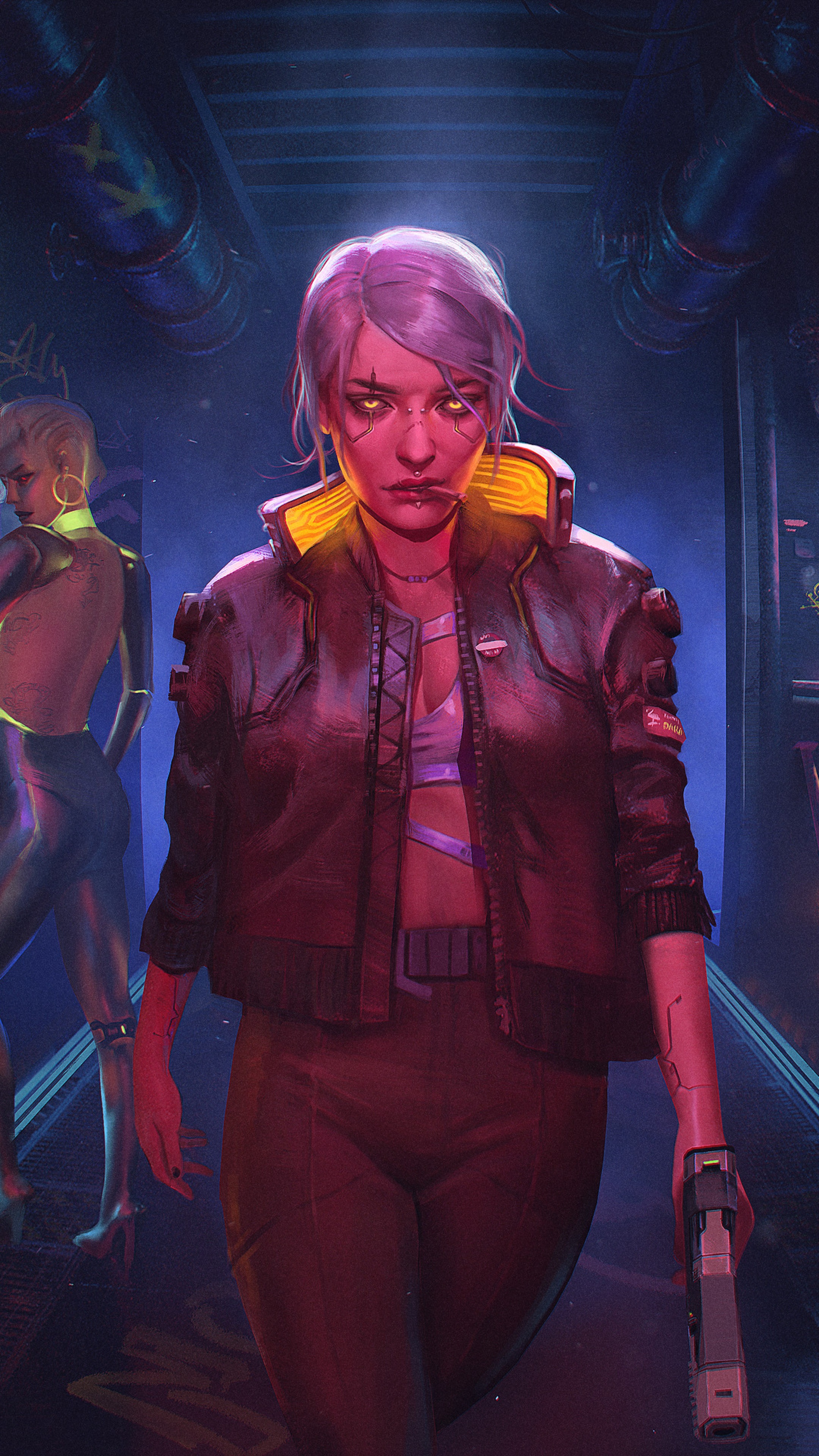 Female character from Cyberpunk 2077 holding a gun HD Phone Wallpaper
