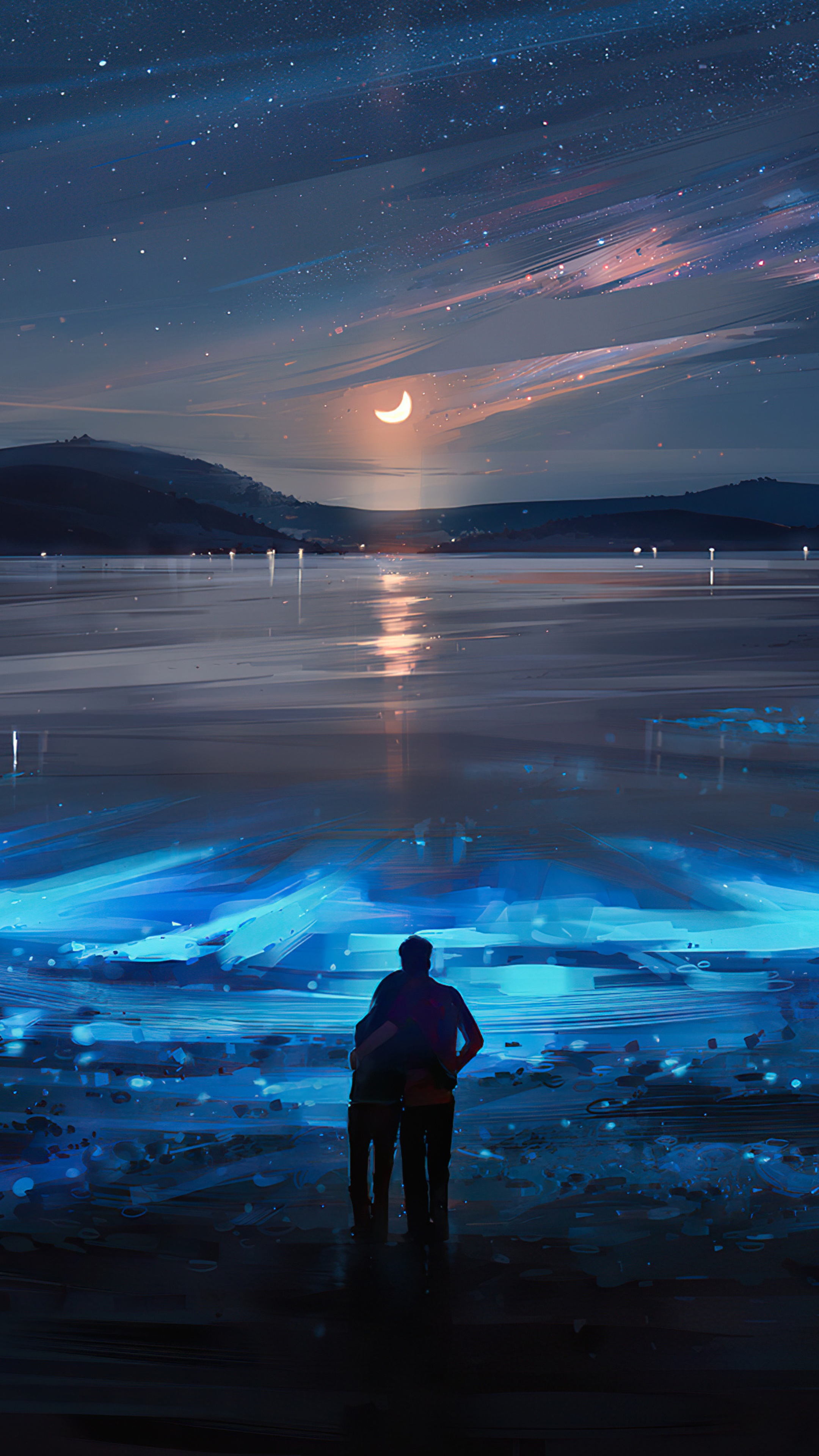 Couple watching a crescent moon over a lake HD Phone Wallpaper