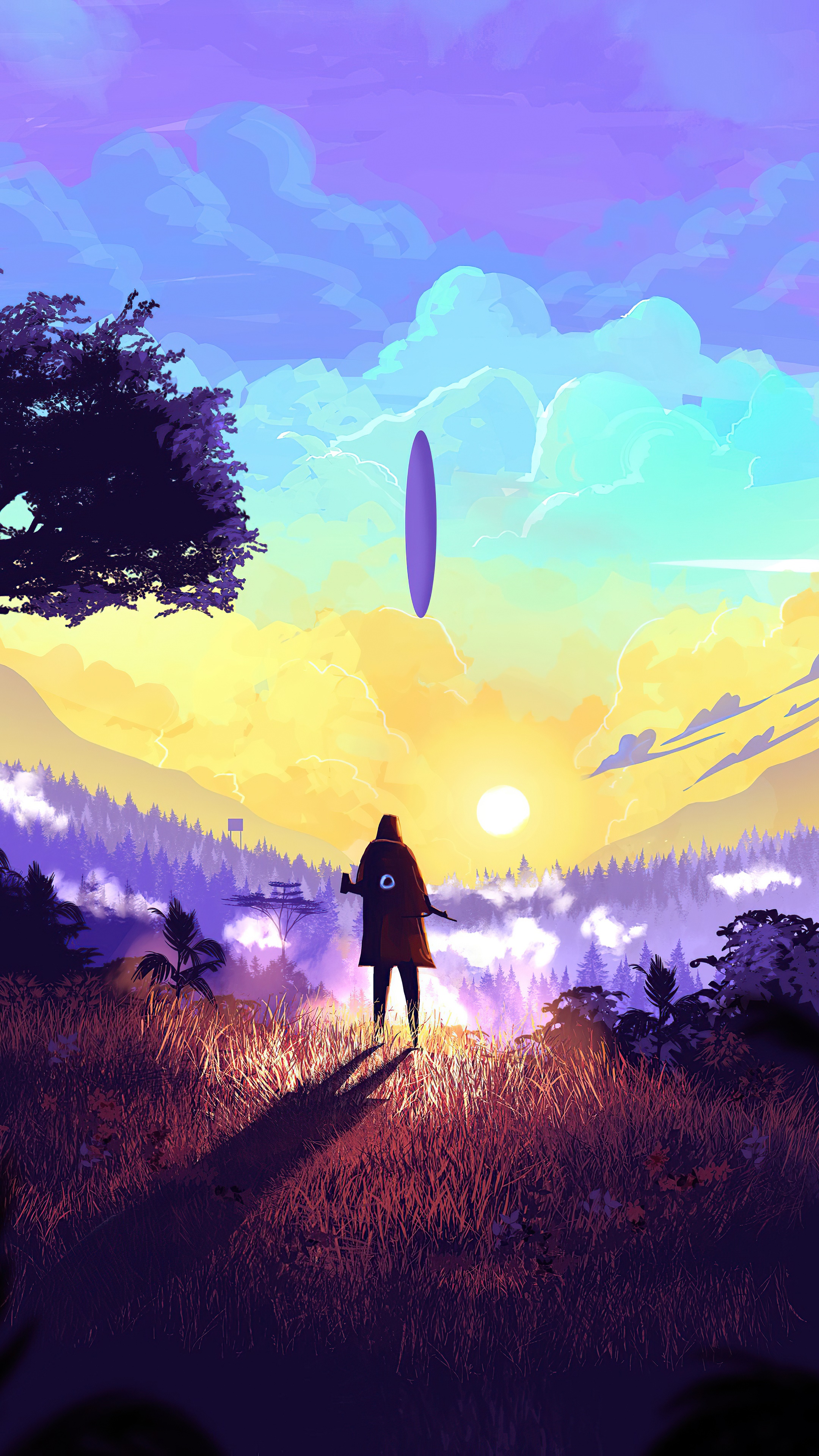 Man in cloak facing alien object at sunset HD Phone Wallpaper