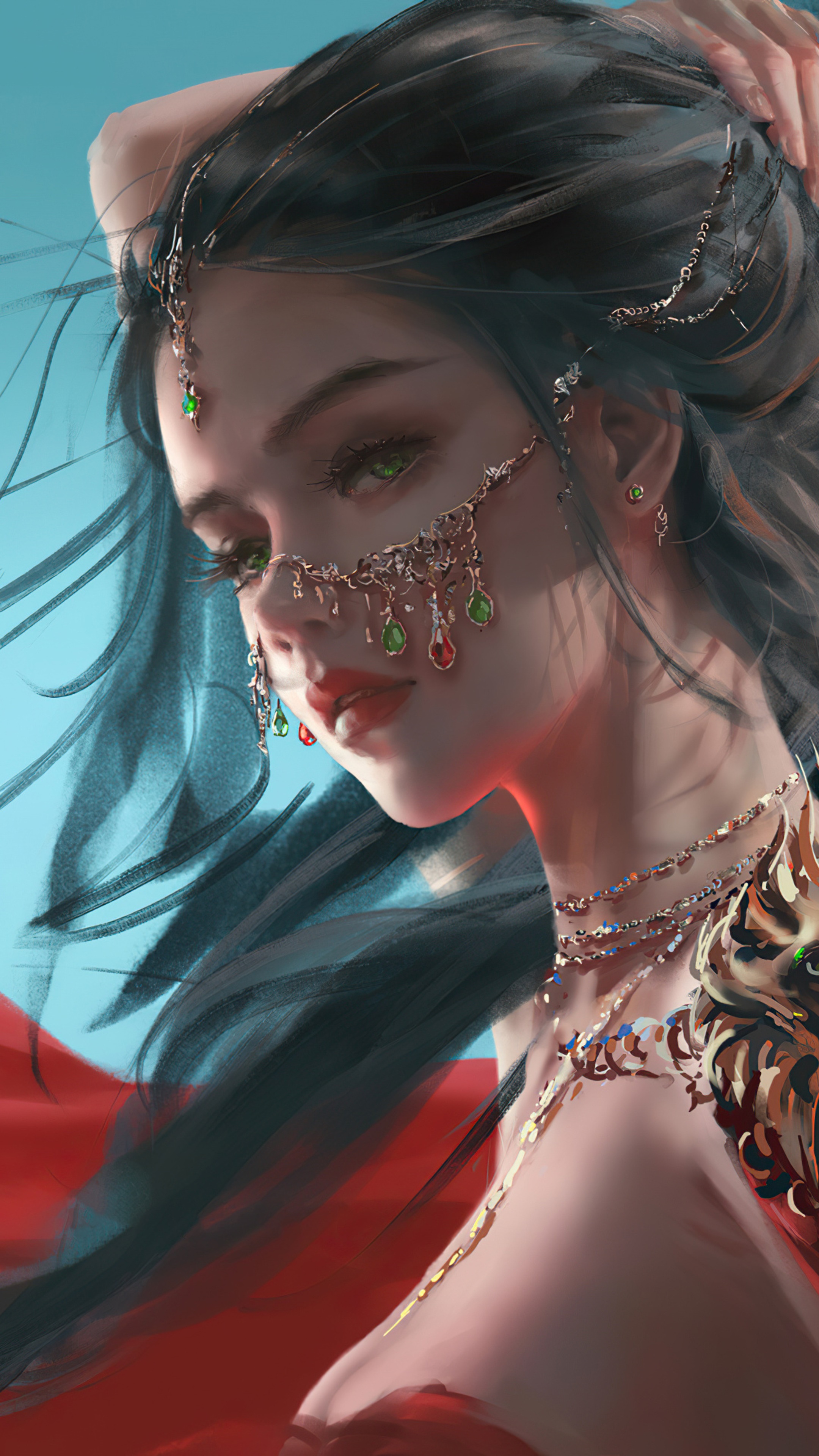 Fantasy girl with jewelry and red dress HD Phone Wallpaper