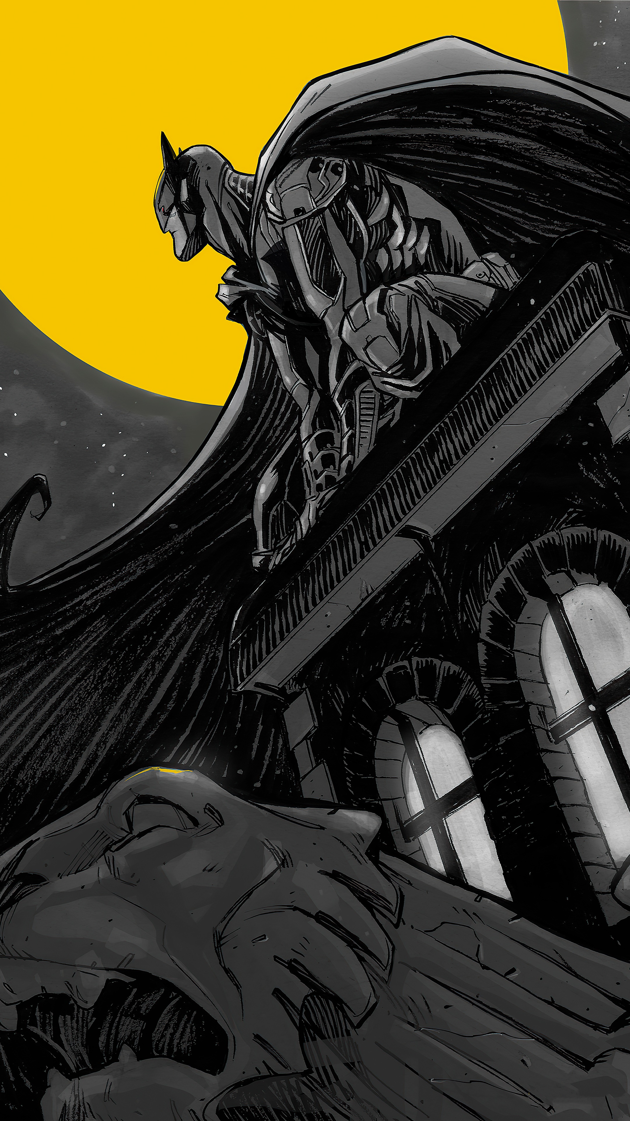 Batman sitting on a building ledge with a yellow moon HD Phone Wallpaper