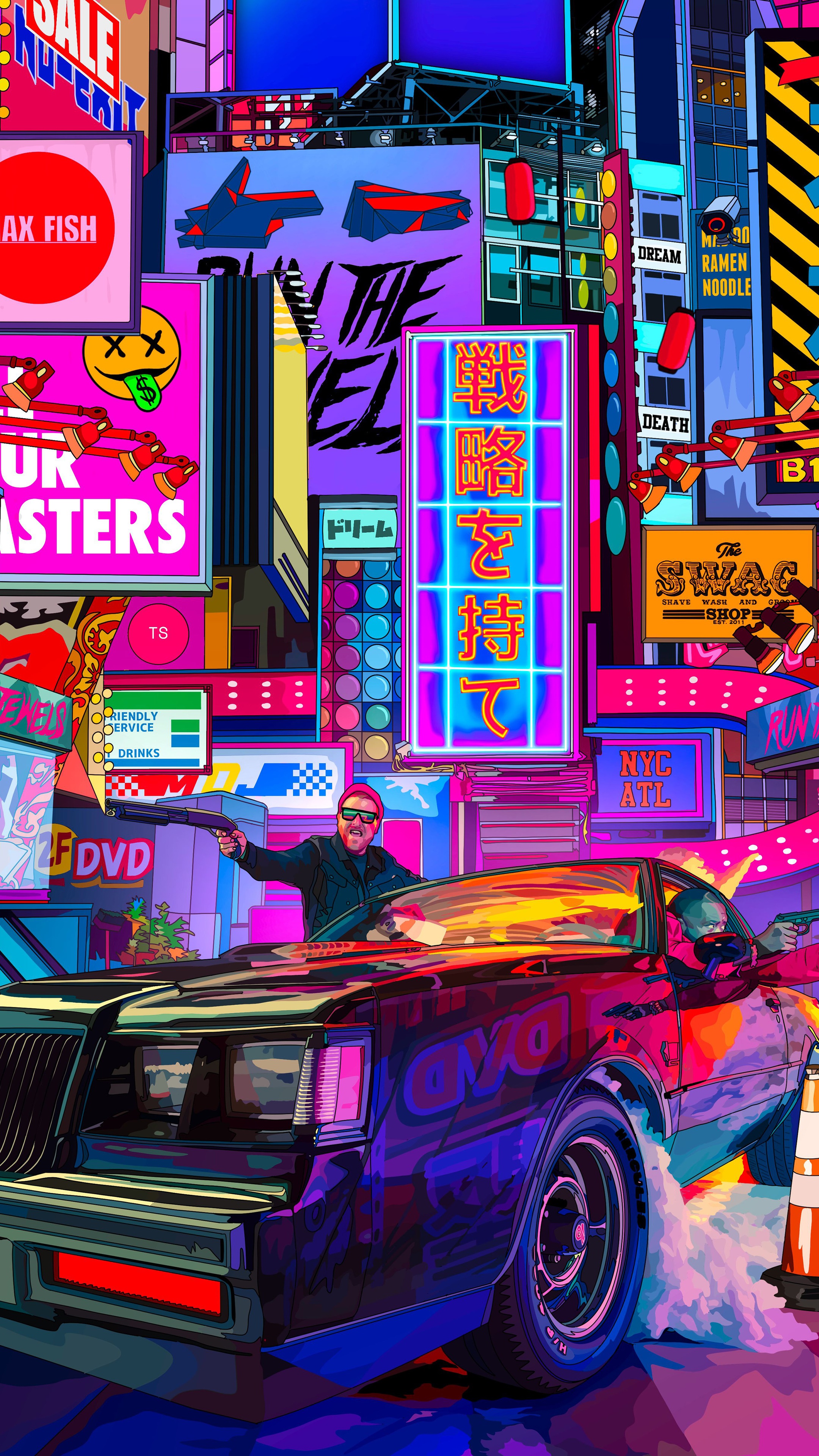 Man in car holding gun in neon city HD Phone Wallpaper