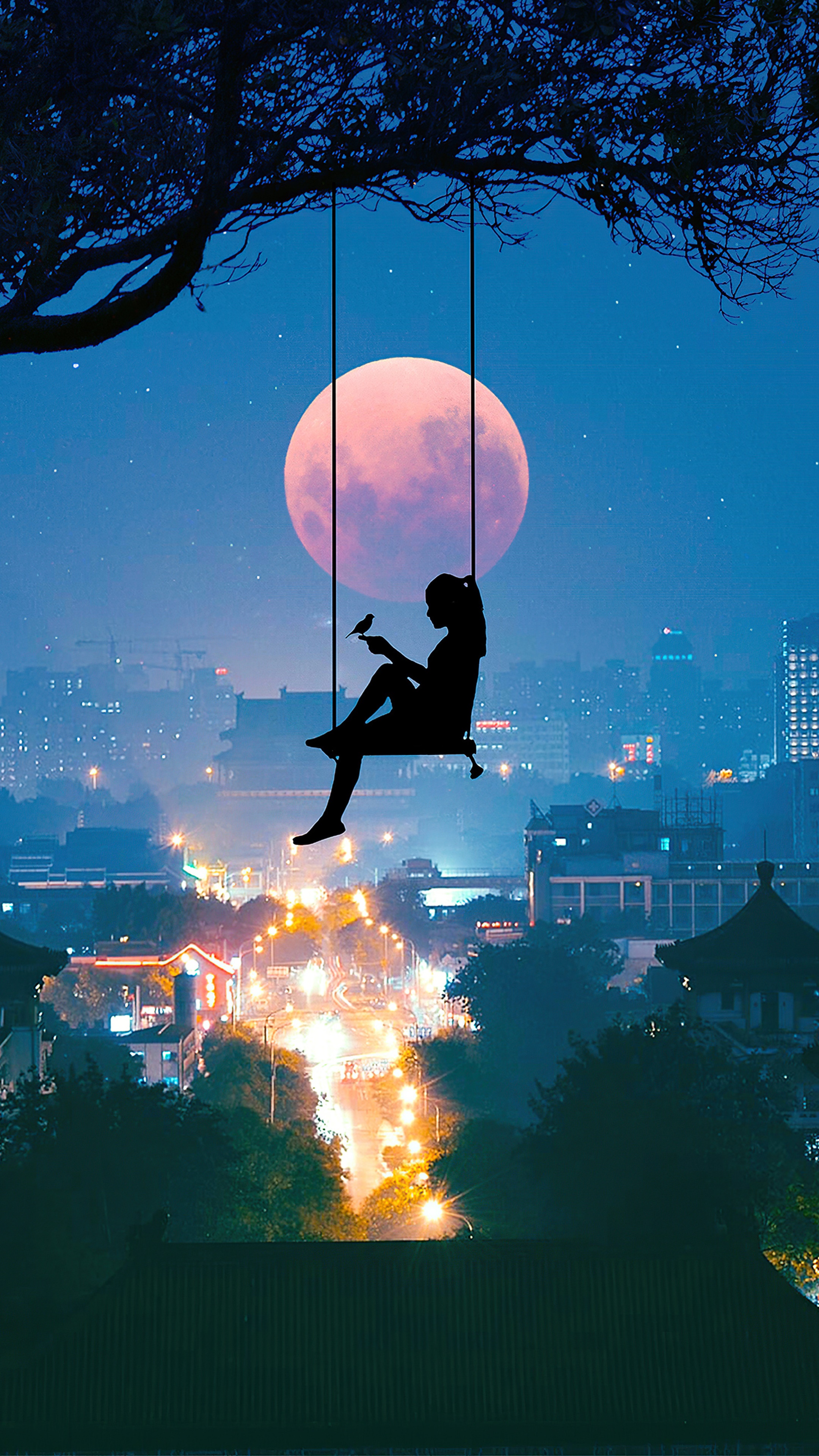 Silhouette of a girl on a swing with a bird and the moon HD Phone Wallpaper