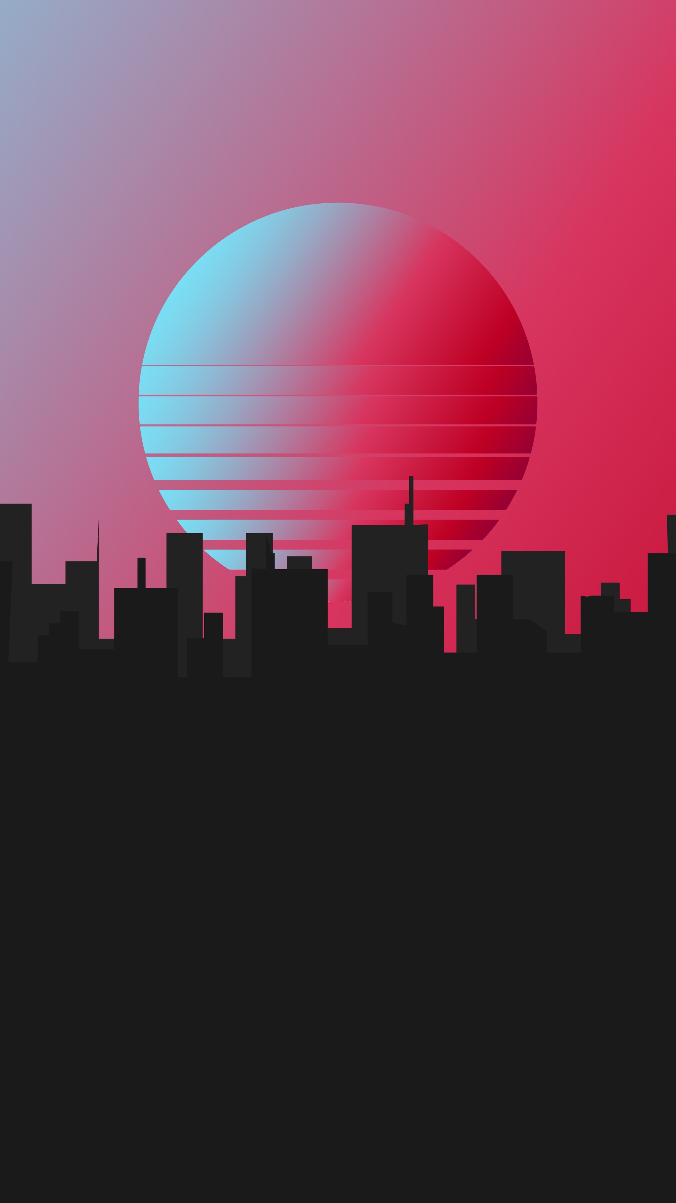 Retrowave city skyline with a large sun HD Phone Wallpaper