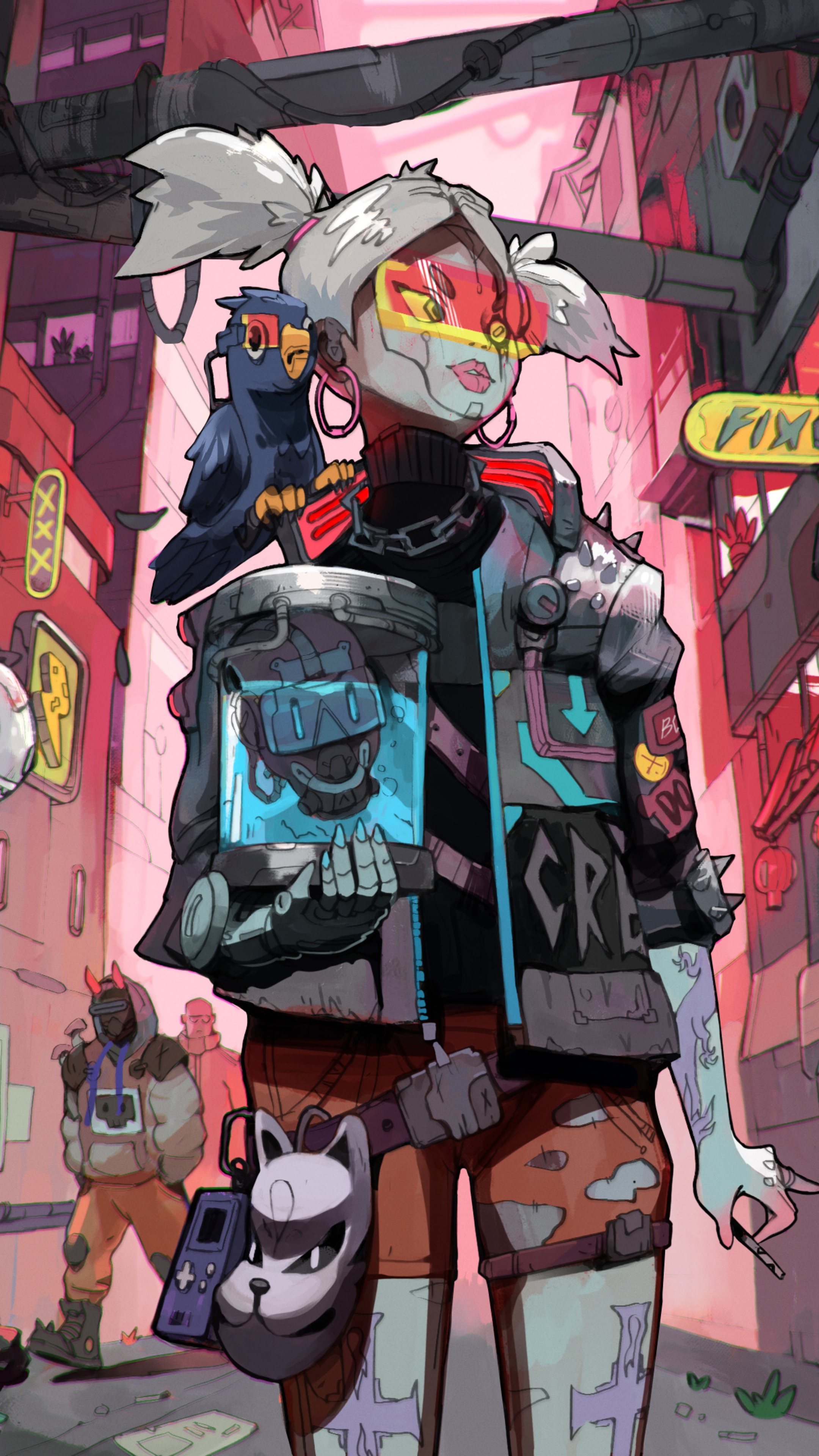 Girl with owl and jar in cyberpunk city HD Phone Wallpaper