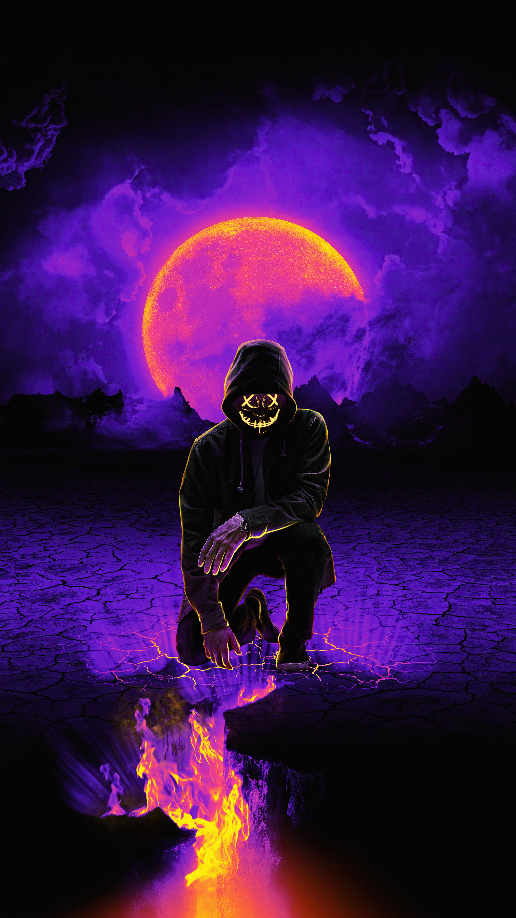 Man with neon mask and hoodie in front of moon HD Phone Wallpaper