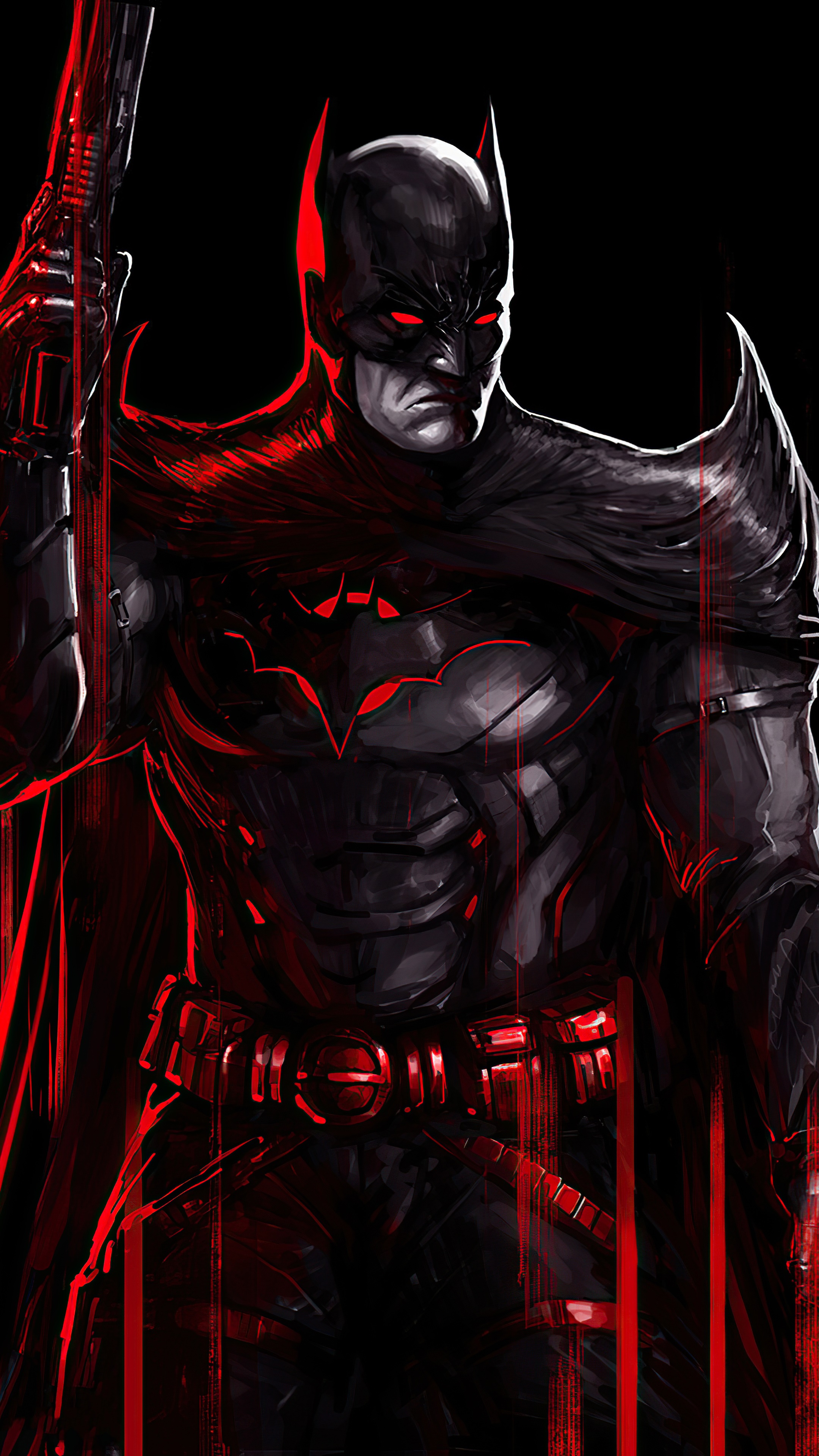 Batman with red glowing eyes and gun HD Phone Wallpaper