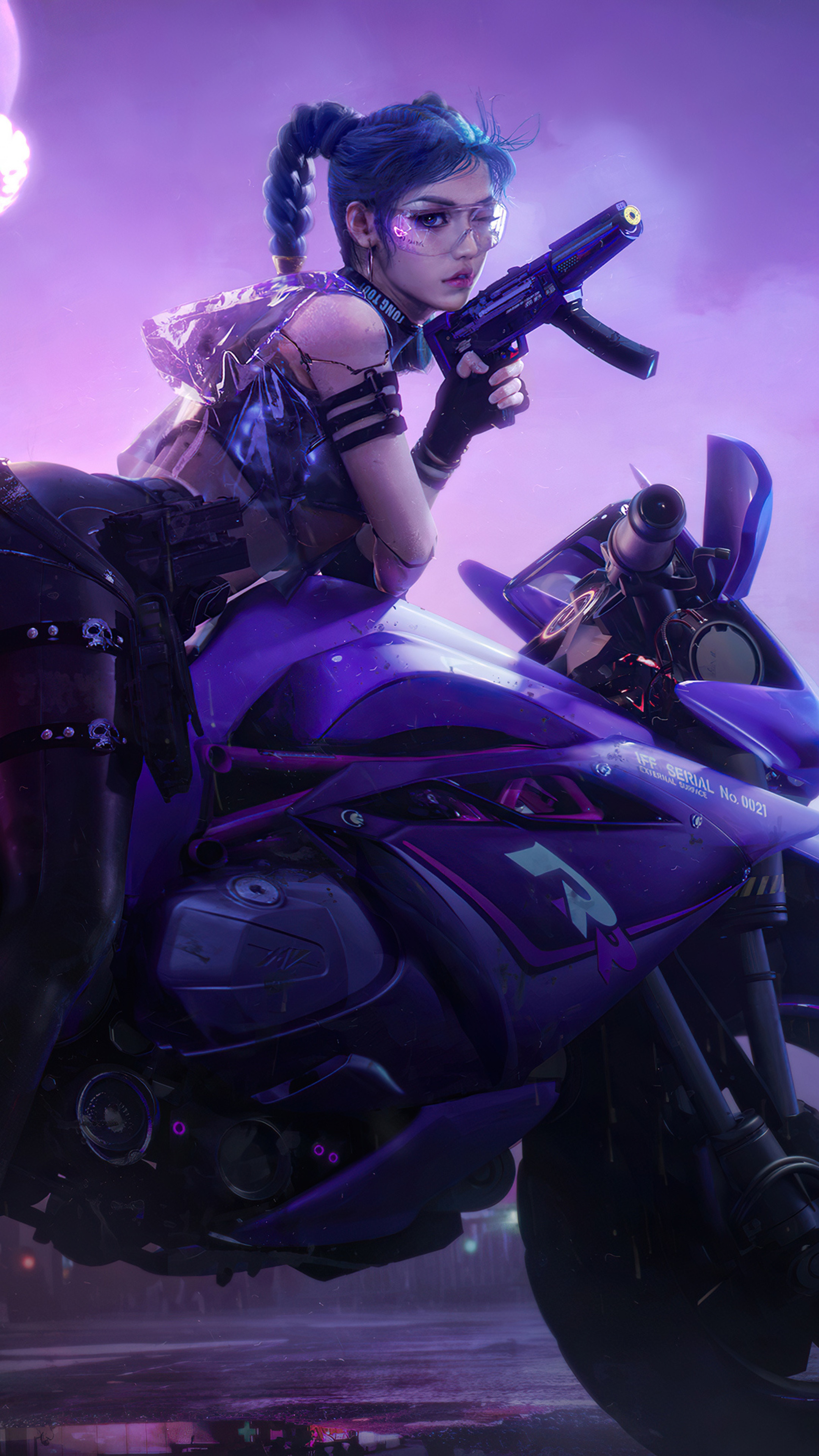 Cyberpunk woman with gun on motorcycle HD Phone Wallpaper
