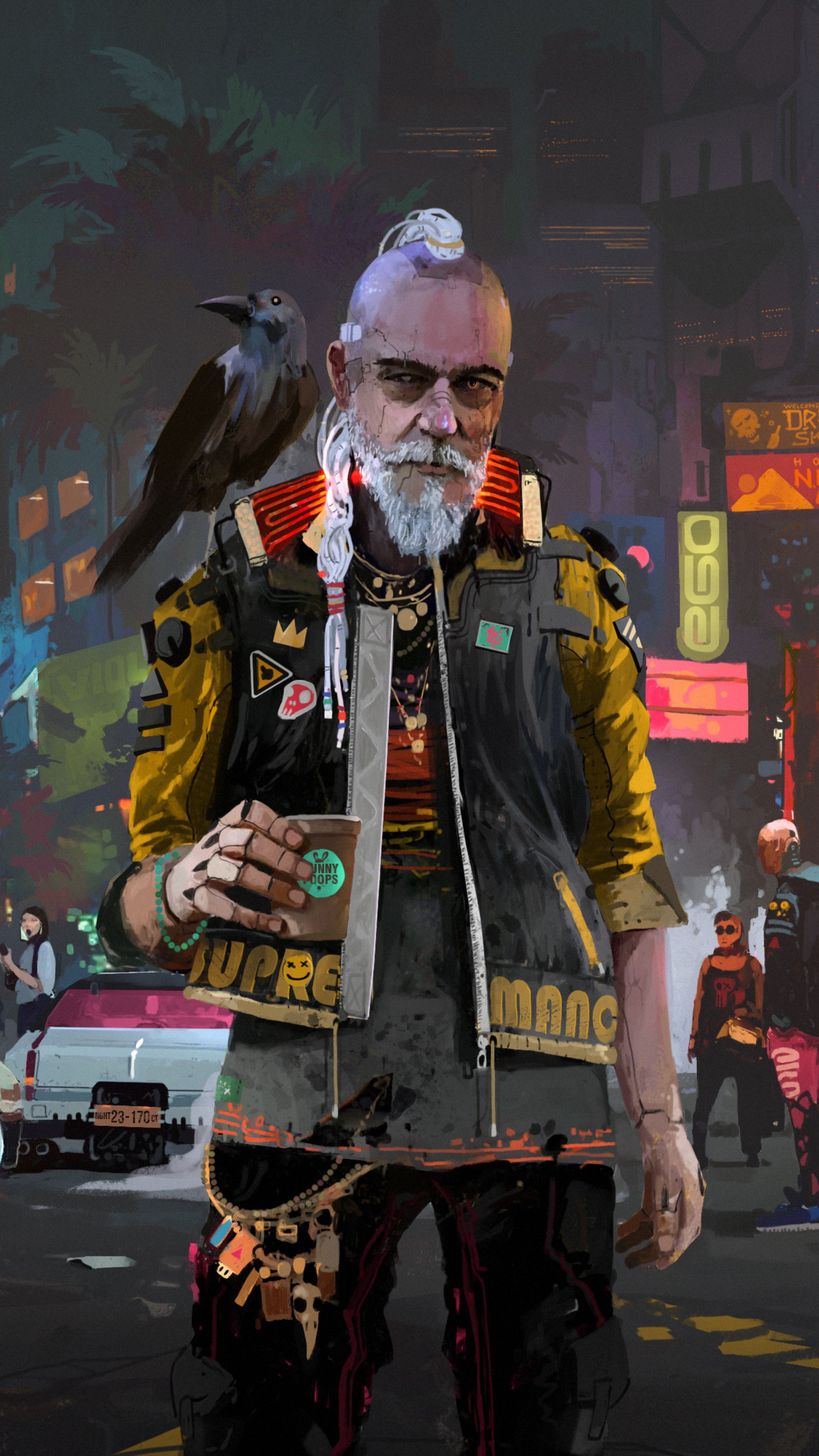 Cyberpunk 2077 artwork of a man with a bird HD Phone Wallpaper