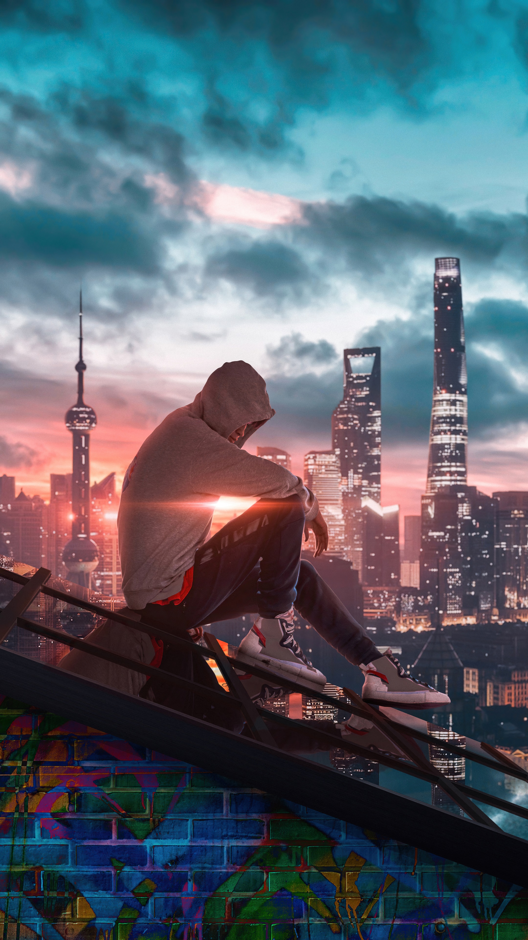 Hooded Figure Overlooking Shanghai Skyline at Sunset HD Phone Wallpaper