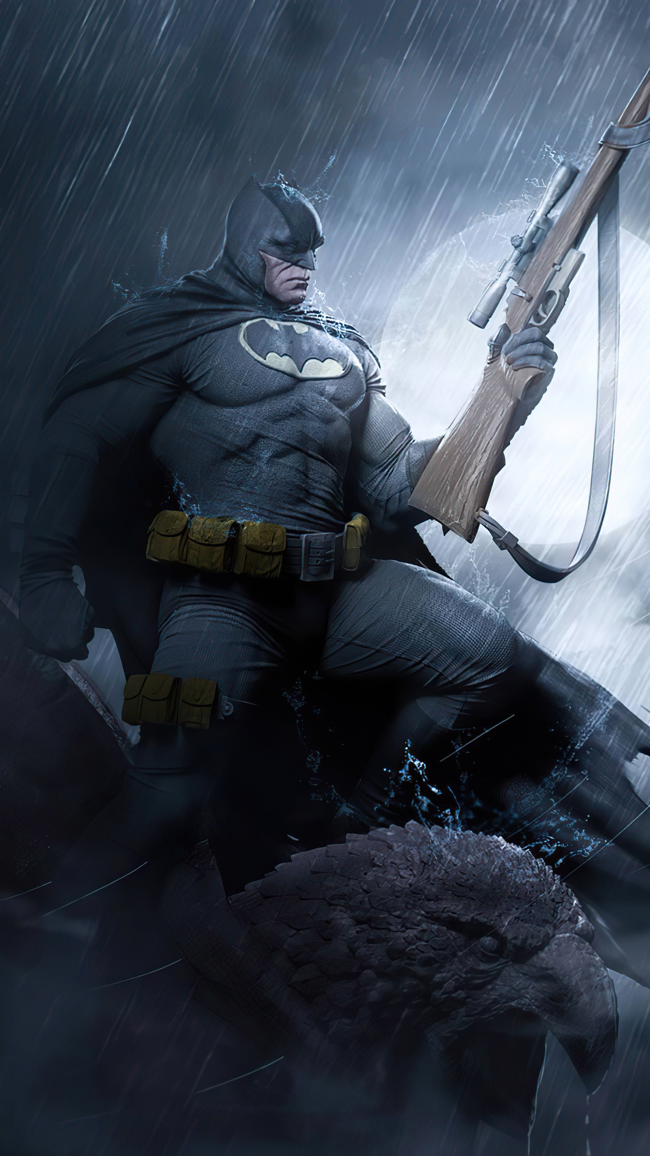 Batman with a sniper rifle in the rain HD Phone Wallpaper