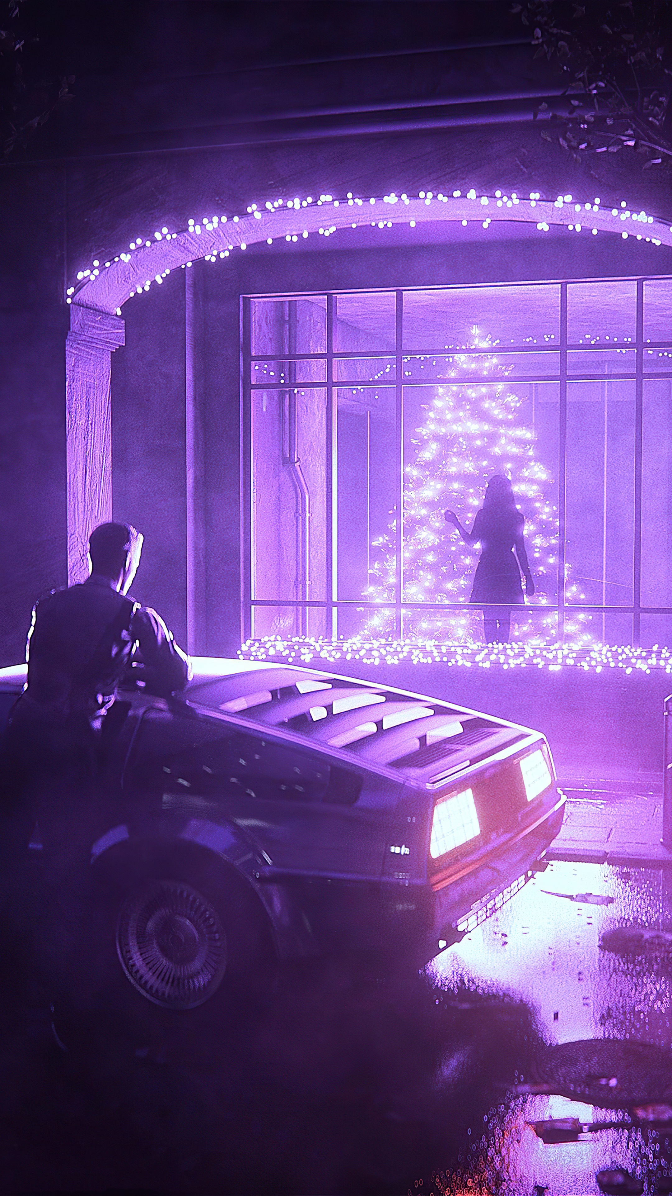 Man leaning on DeLorean by Christmas tree HD Phone Wallpaper