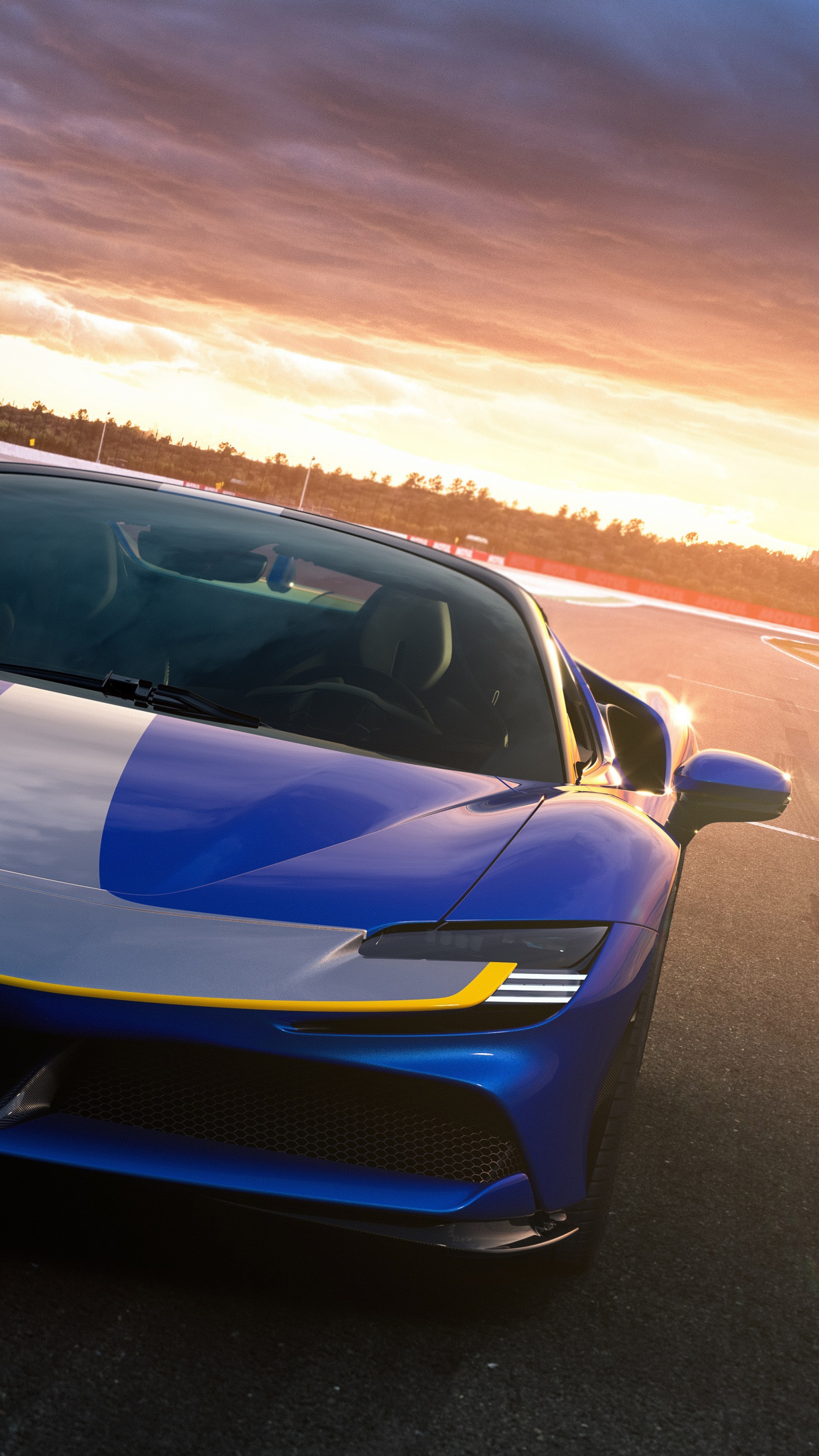 Blue Ferrari SF90 Spider on a race track at sunset HD Phone Wallpaper