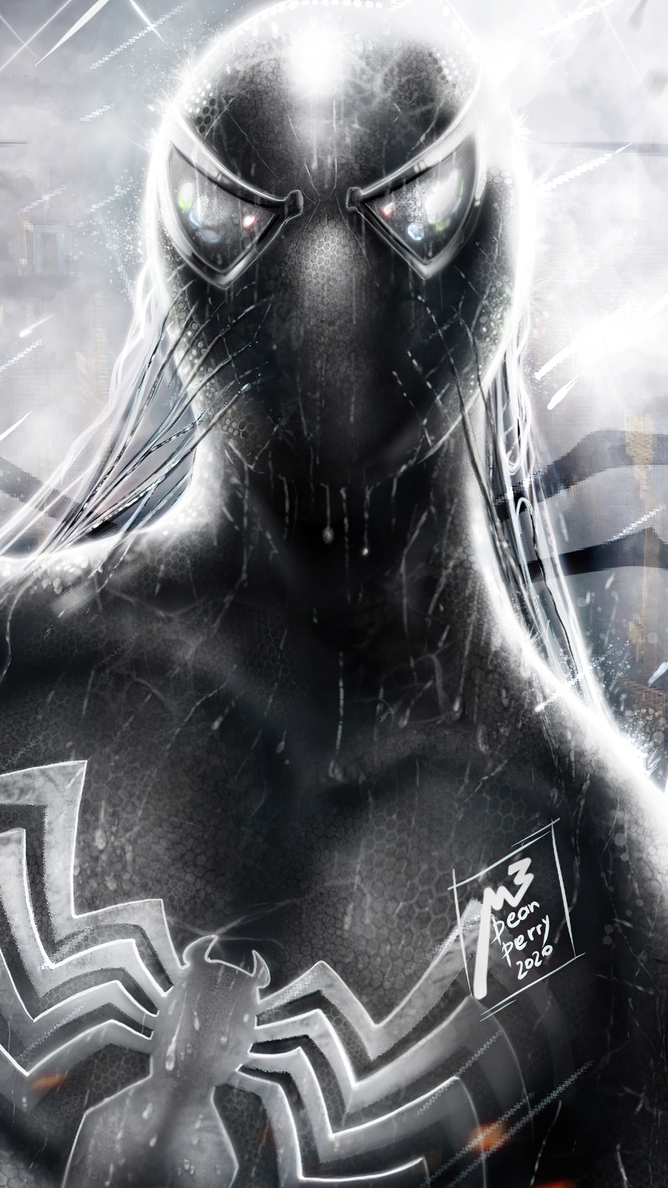 Spider-Man in black suit with white spider symbol HD Phone Wallpaper