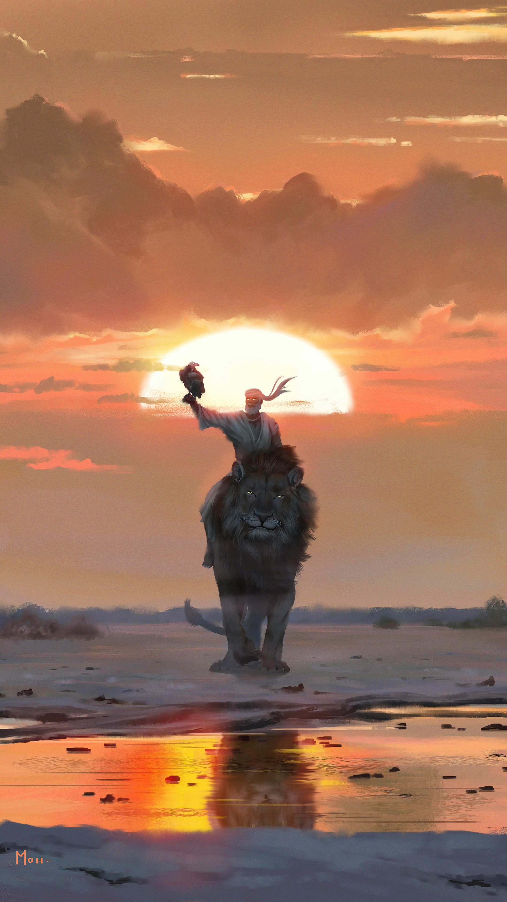 Man riding a lion at sunset with a falcon HD Phone Wallpaper