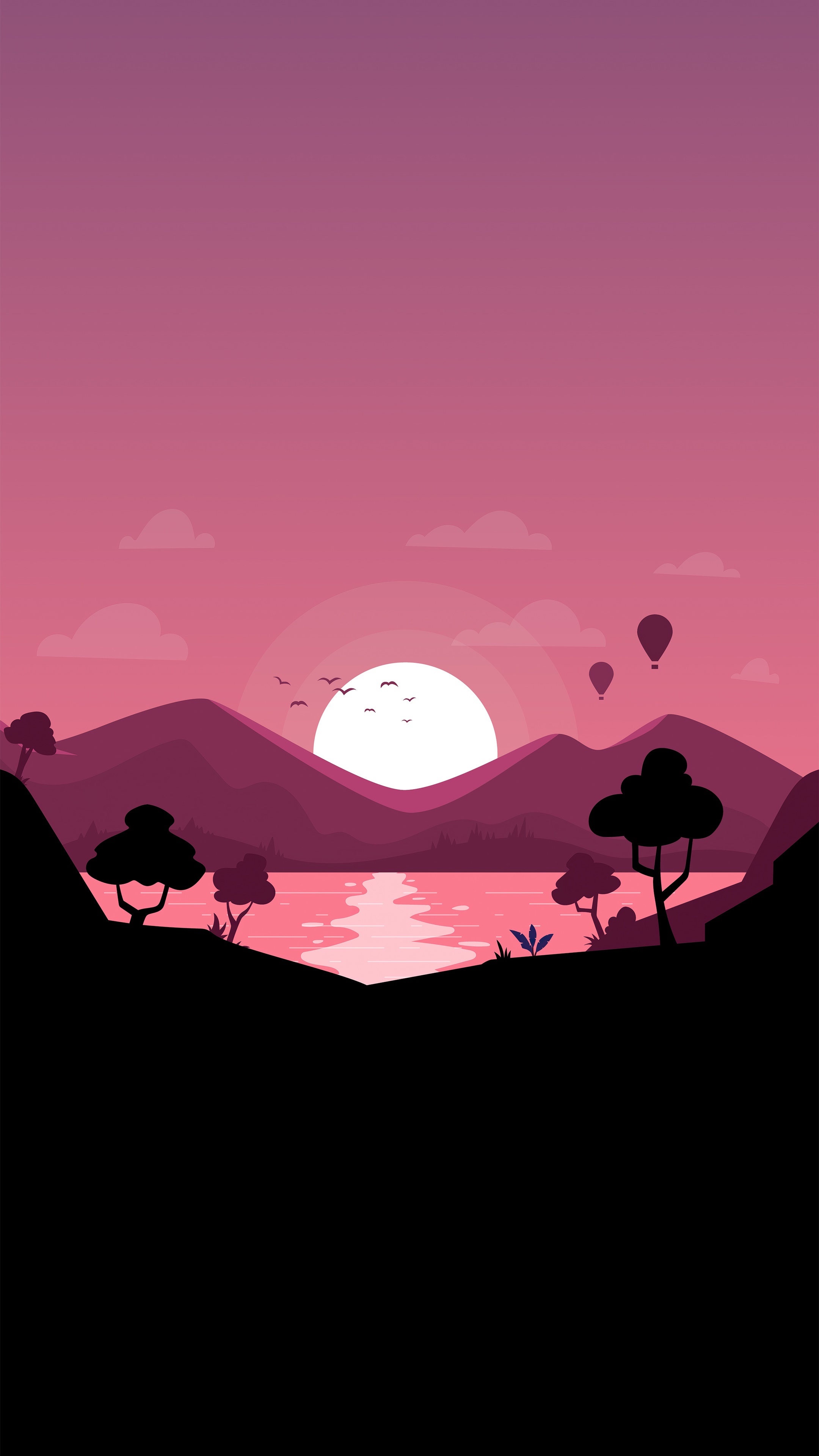 Minimalist landscape with sunset and hot air balloons HD Phone Wallpaper